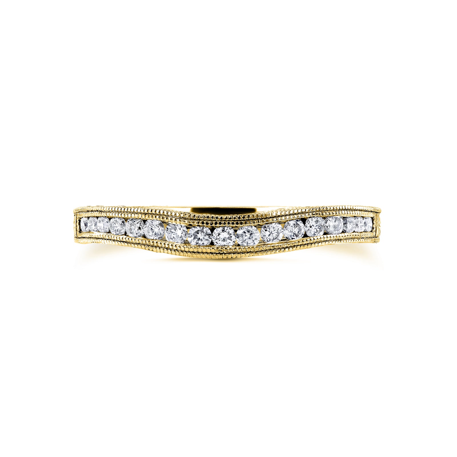 Natural Diamond Augustina Shadow Ring - dual milgrain edges, curved wedding band, channel-set diamonds, half eternity, vintage etchings - yellow gold option, flat front facing view