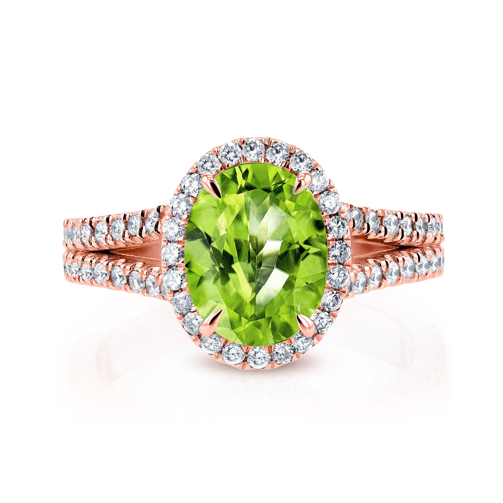 oval green peridot gemstone with white diamond halo and diamond lined split shank in 14k rose gold