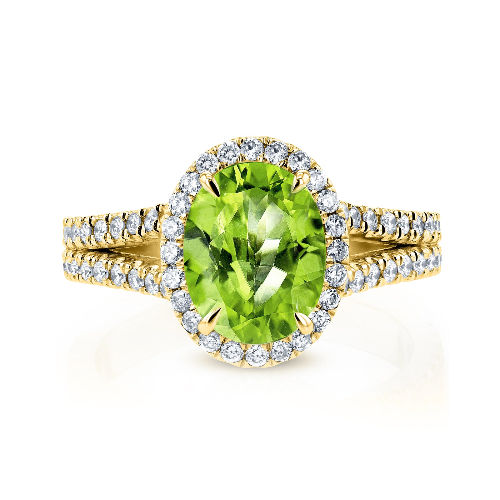 oval green peridot gemstone with white diamond halo and diamond lined split shank in 14k yellow gold