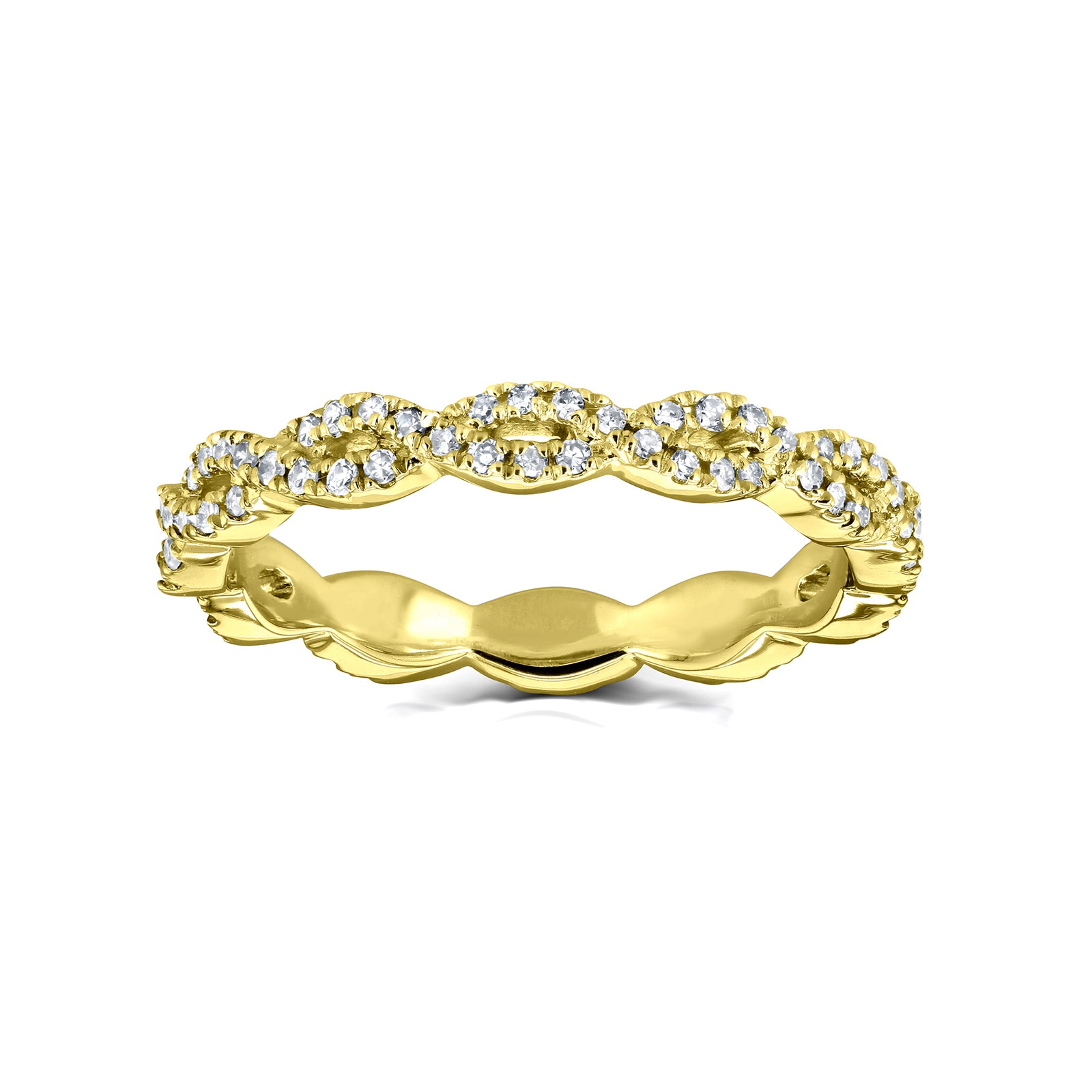 10k yellow gold diamond eternity band ring with a wavy, scalloped profile and rows of round-cut diamonds