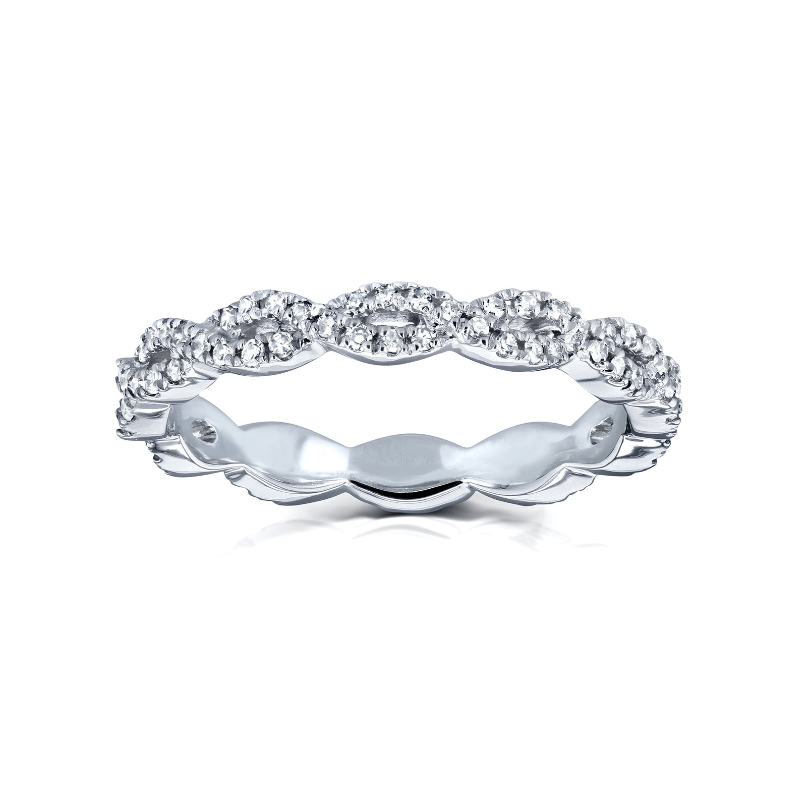 10k white gold diamond eternity band ring with a wavy, scalloped profile and rows of round-cut diamonds