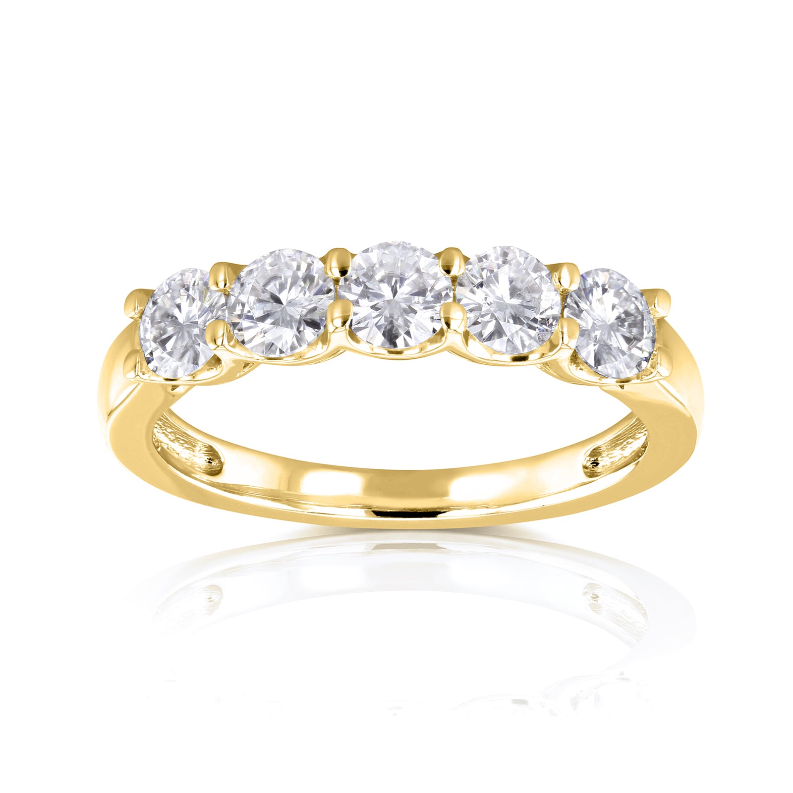 row of five round stones on yellow gold band
