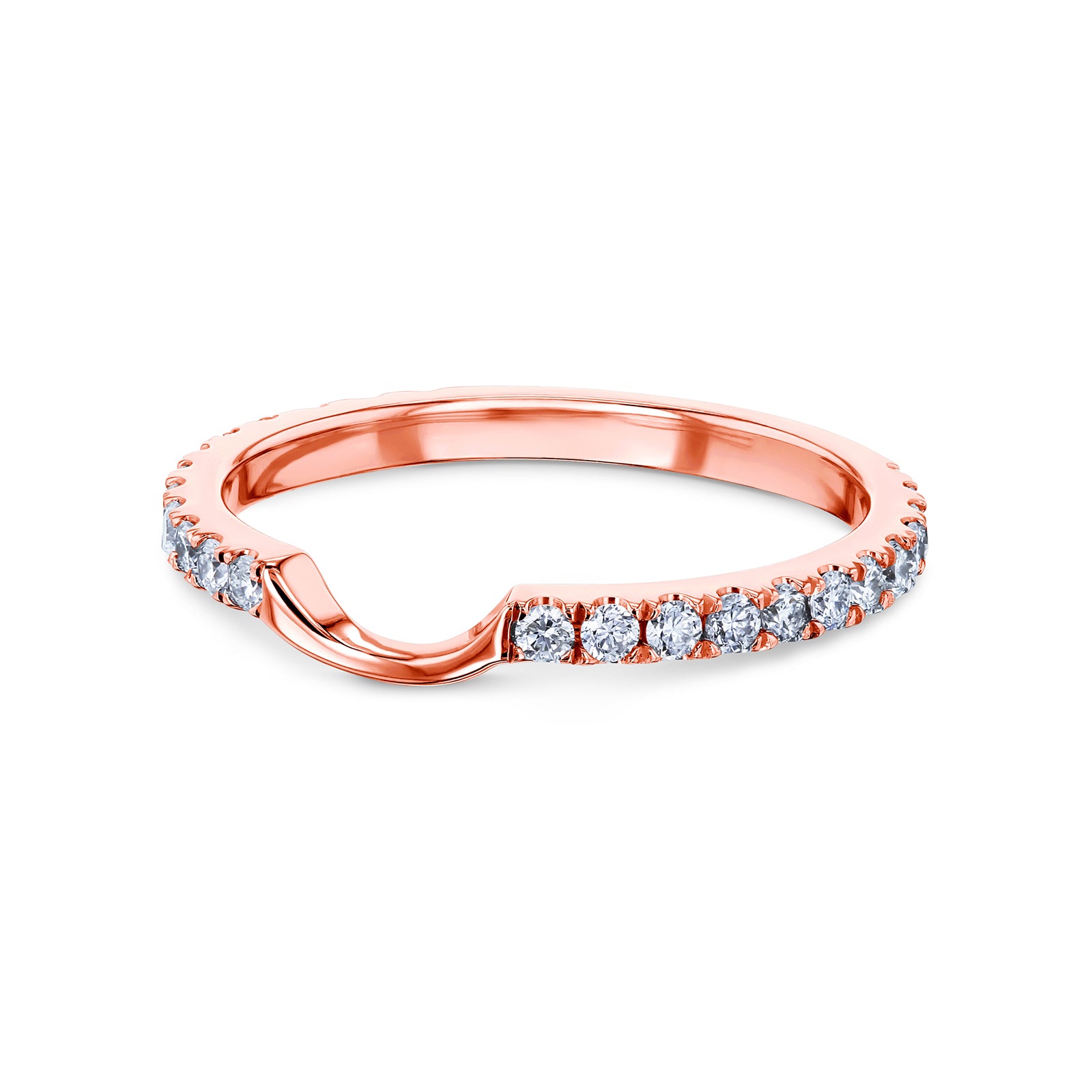 A curved rose gold wedding band with diamond accents designed to match the Kobelli Tully Engagement Ring
