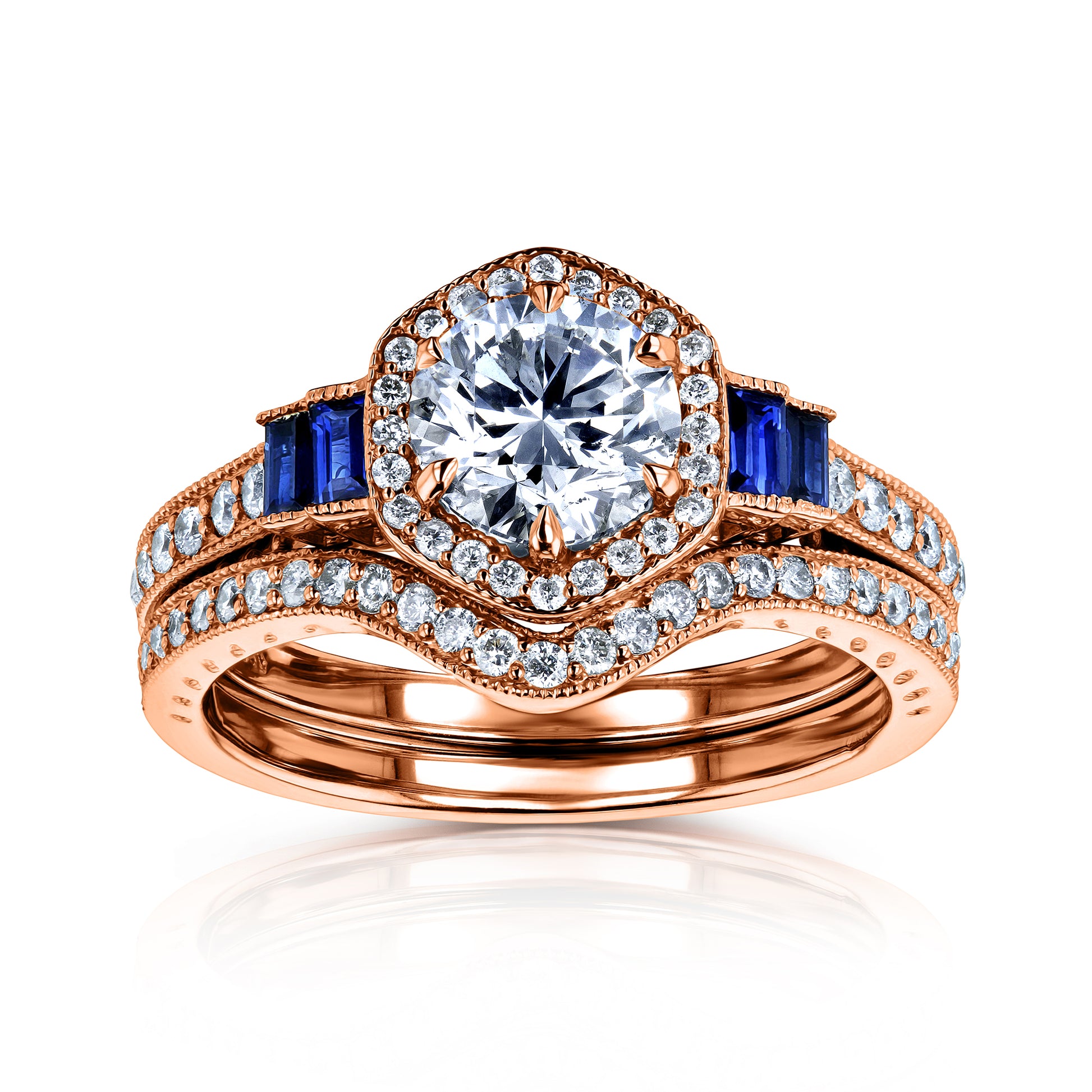 1.7 Carat Natural Diamond & Sapphire Blue Deco Bridal Set