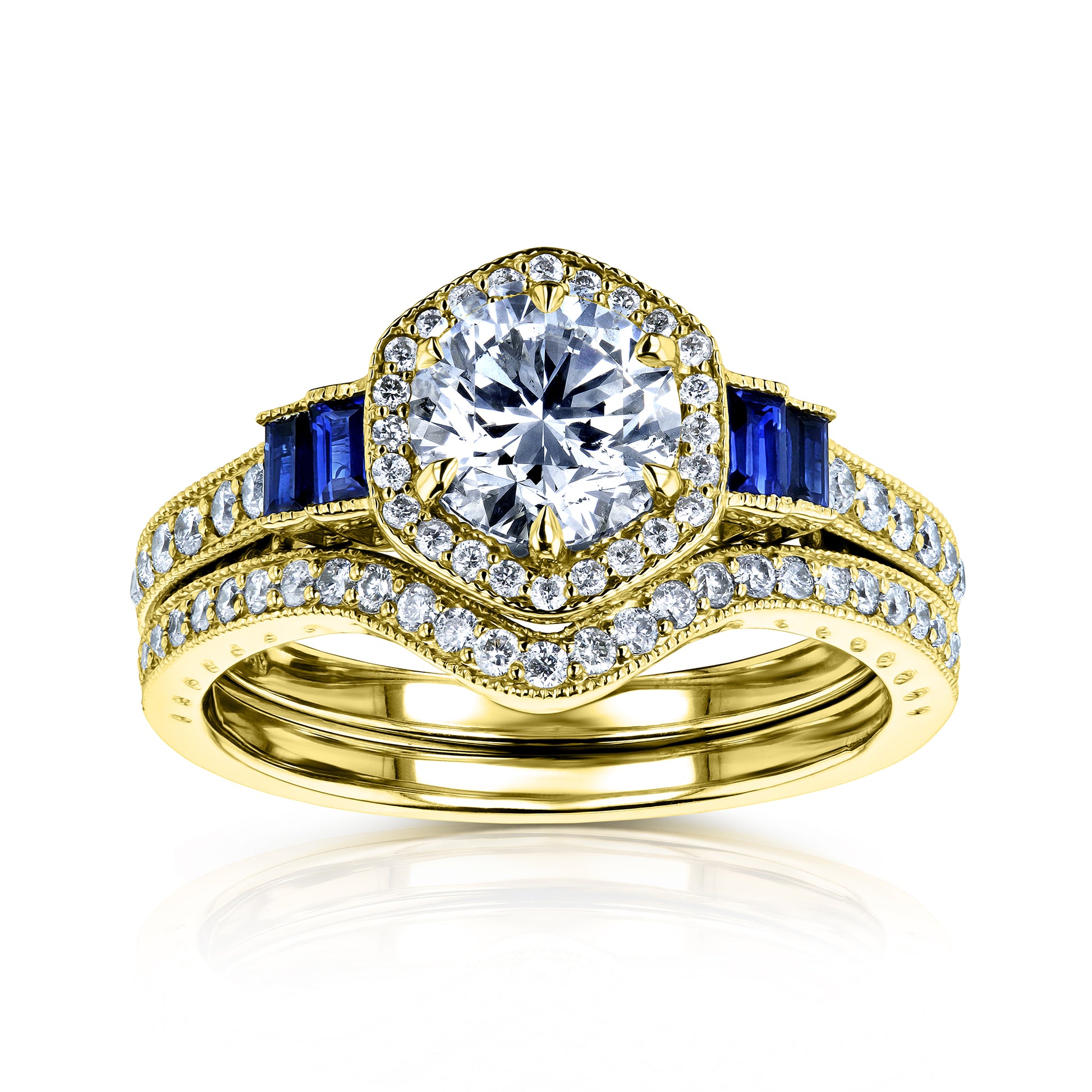 1.7 Carat Natural Diamond & Sapphire Blue Deco Bridal Set