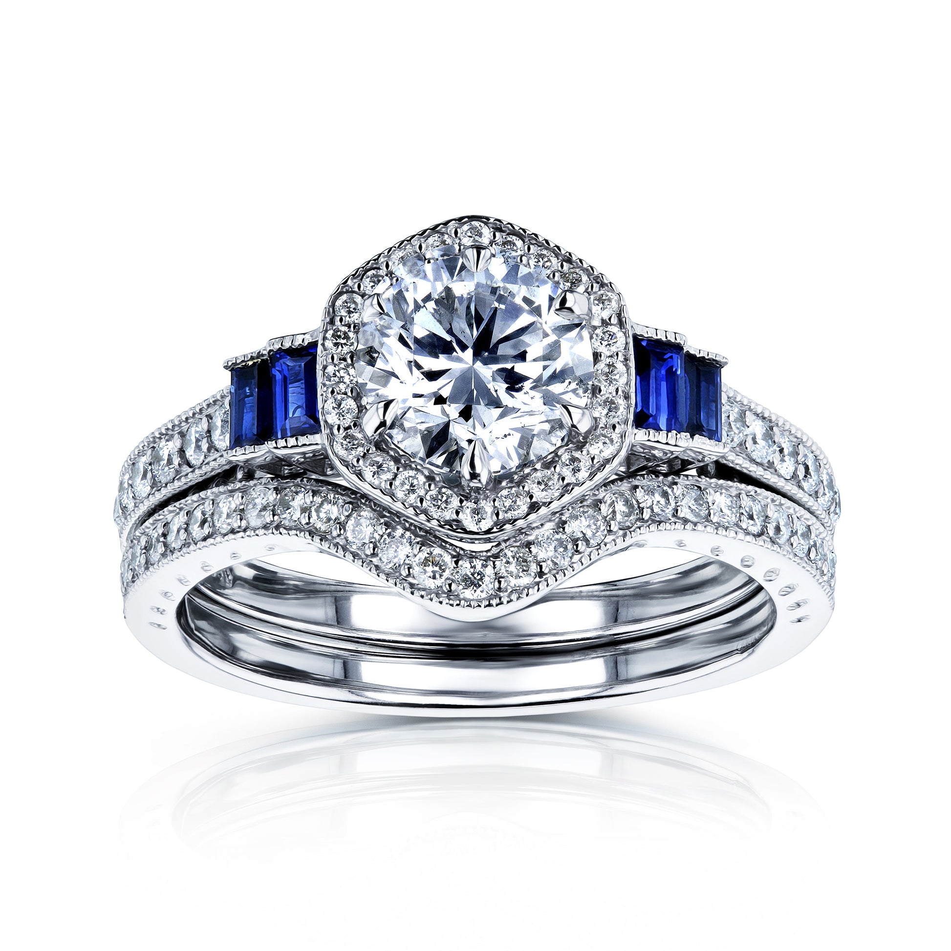1.7 Carat Natural Diamond & Sapphire Blue Deco Bridal Set