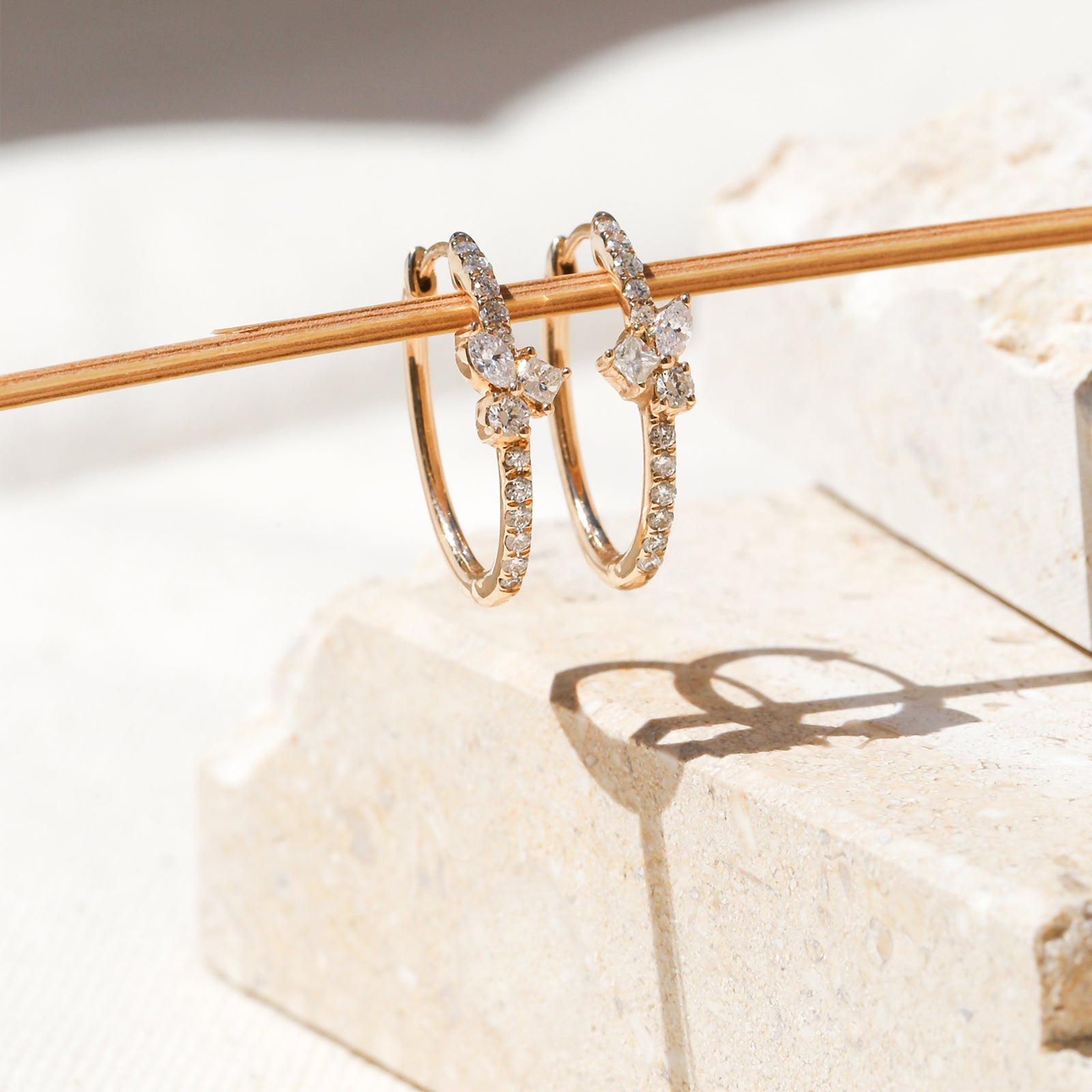 Budding Mixy Hoops - dangling on a wire in sunlight