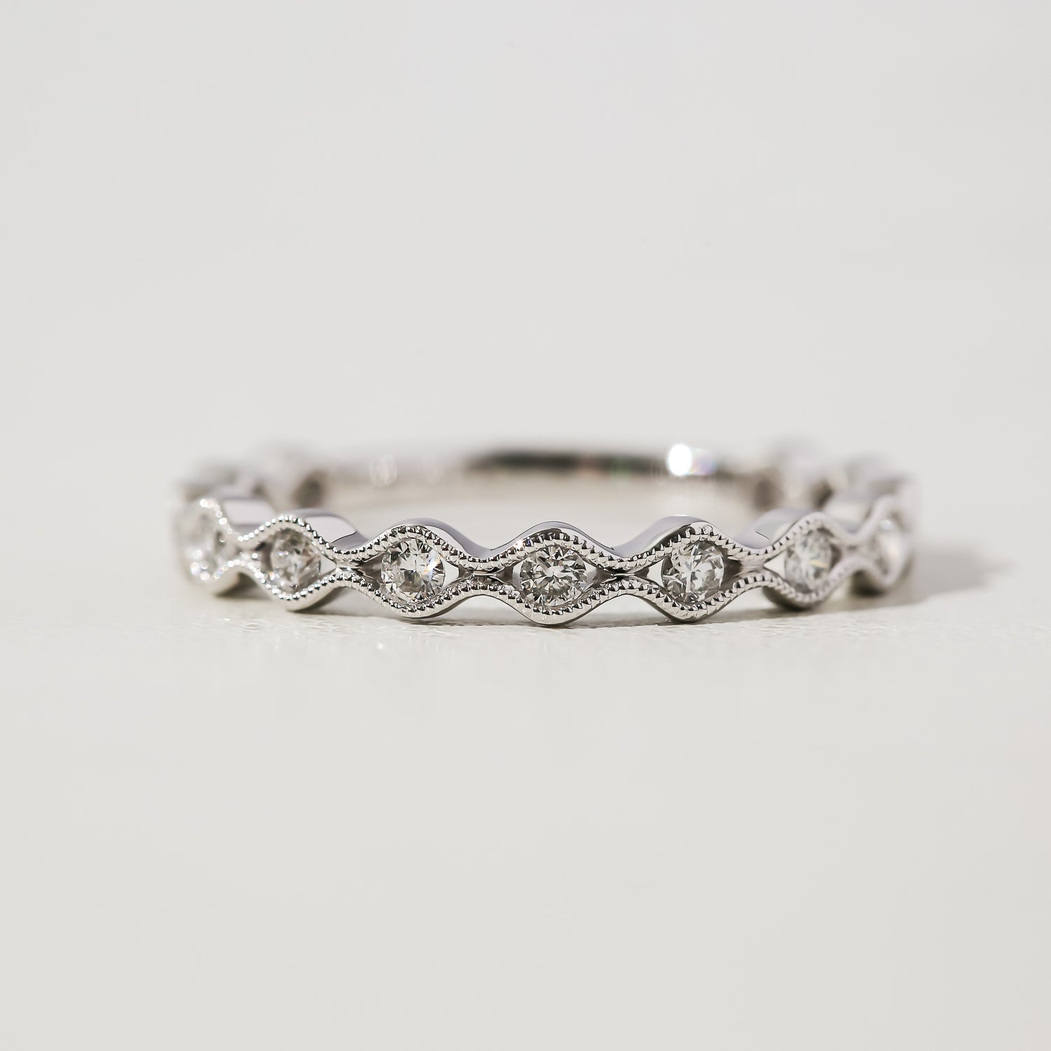 Kobelli Wavy Diamond Channel Milgrain Rim Ring in 14k White Gold