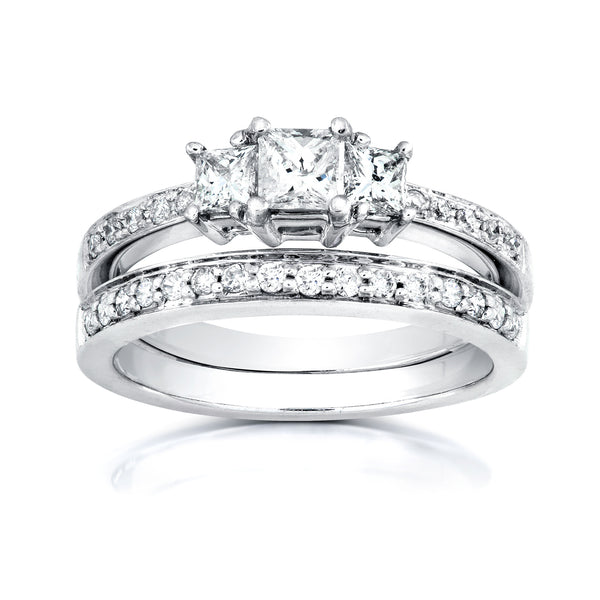 3-Stone Princess Pavé Natural Diamond Two Piece Bridal Set