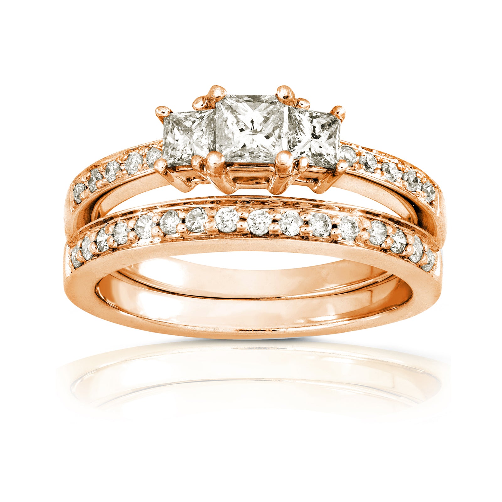 0.7 Carat Natural Diamond Princess Pavé 3-Stone Bridal Set