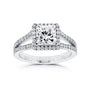 A princess-cut diamond engagement ring with a halo setting and a split shank paved with small round diamonds, shown on a clean white background.