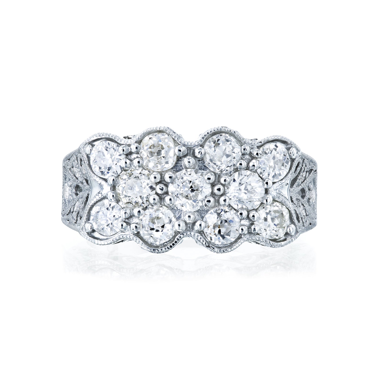 front-facing angle of 1.84 Carat Natural Diamond Old Mine Cut Hourglass Ring