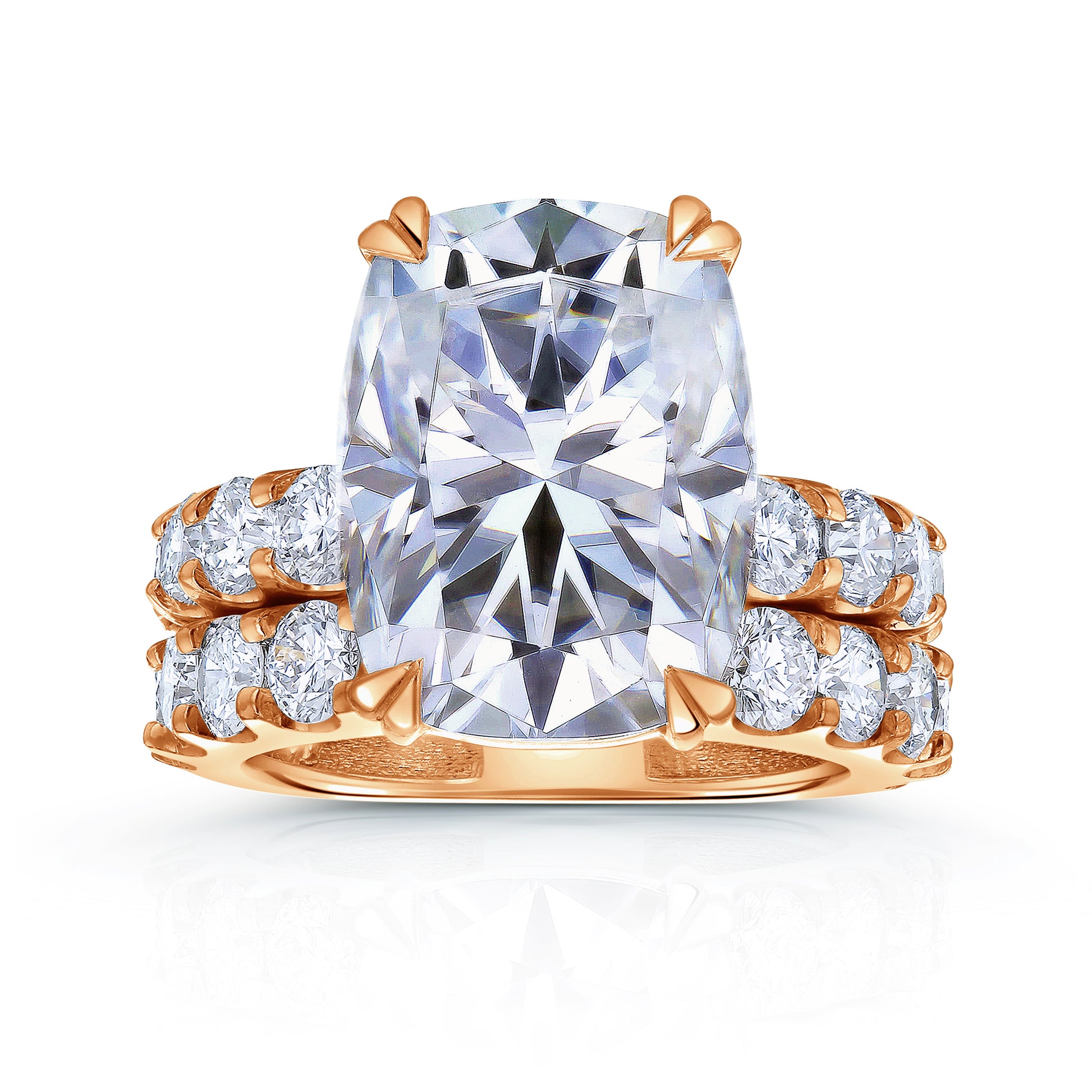Elongated Cushion Moissanite and Lab Grown Diamond Bridal Rings in Rose Gold