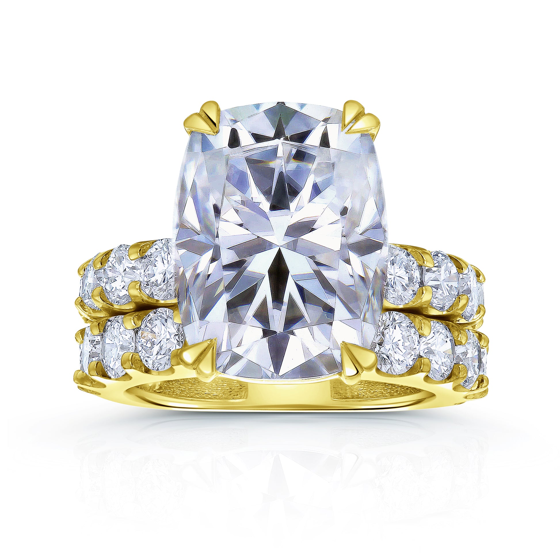 Elongated Cushion Moissanite and Lab Grown Diamond Bridal Rings in Yellow Gold