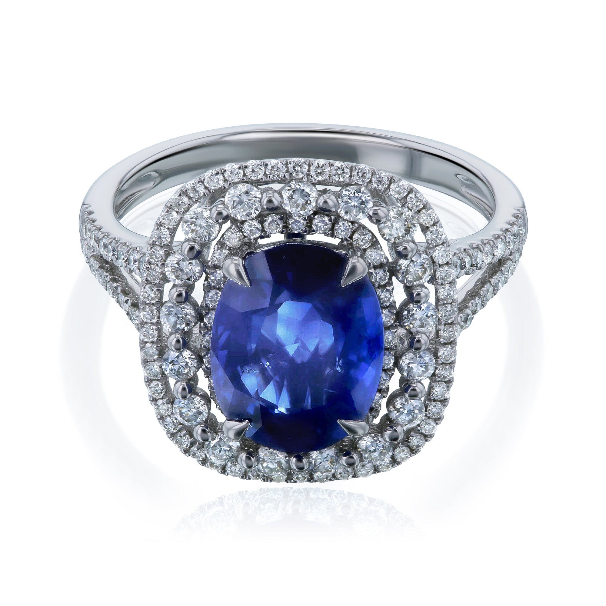 Kobelli Blue Sapphire & White Diamond Tri-Halo Gold Ring