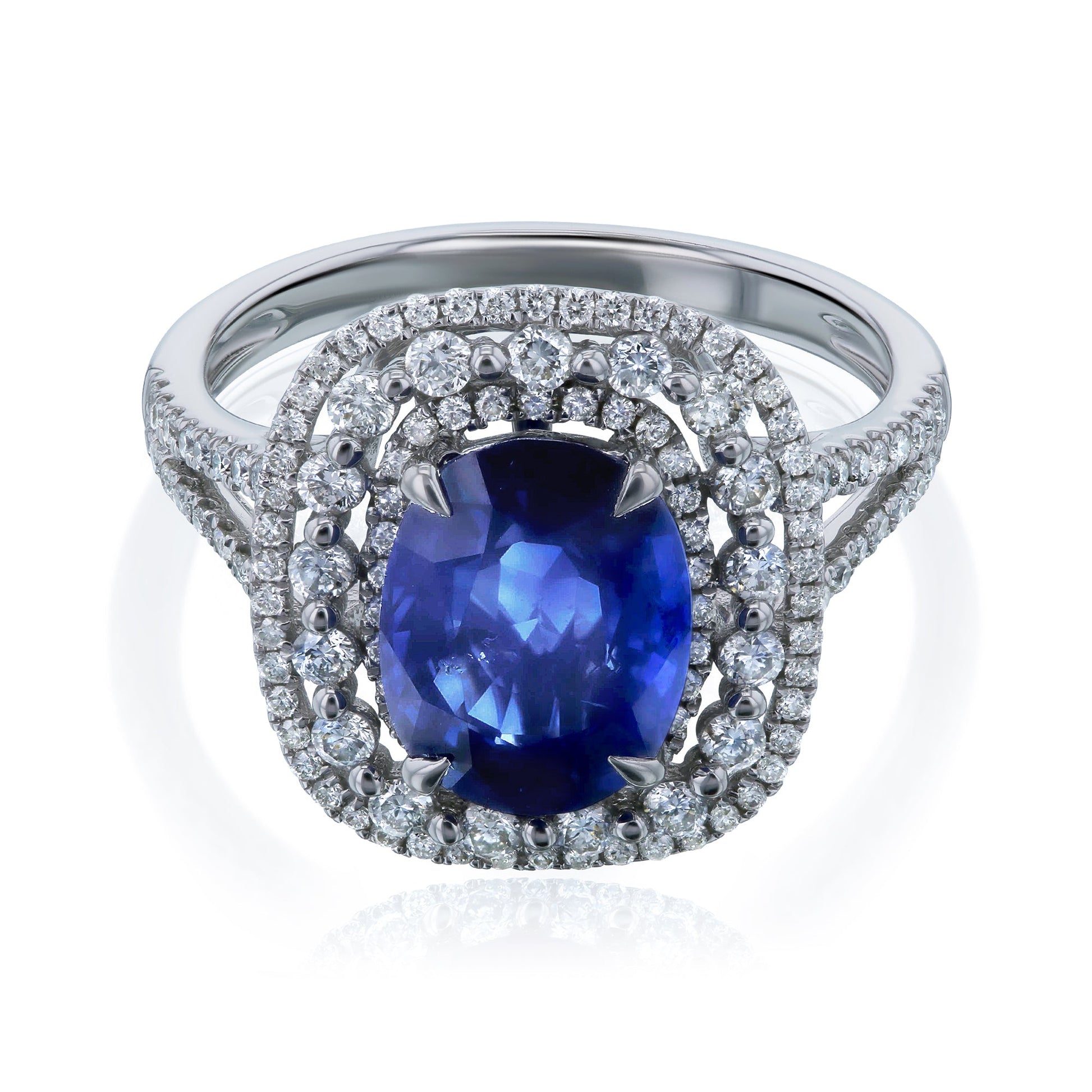 Kobelli Blue Sapphire & White Diamond Tri-Halo Gold Ring