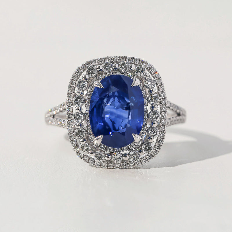 Kobelli Blue Sapphire & White Diamond Tri-Halo Gold Ring