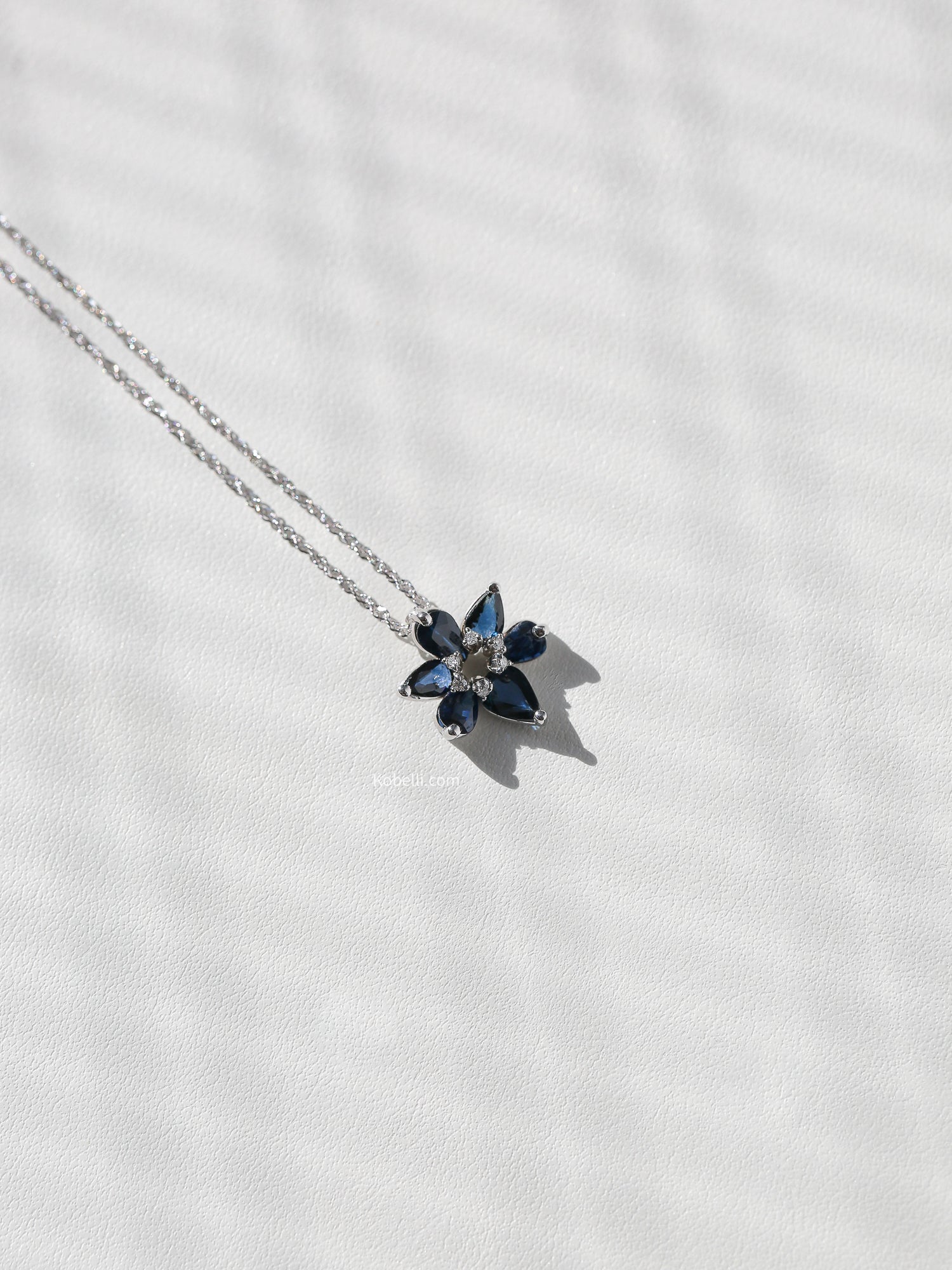 Kobelli Six Petal Sapphire & Diamond Flower Pendant and Chain
