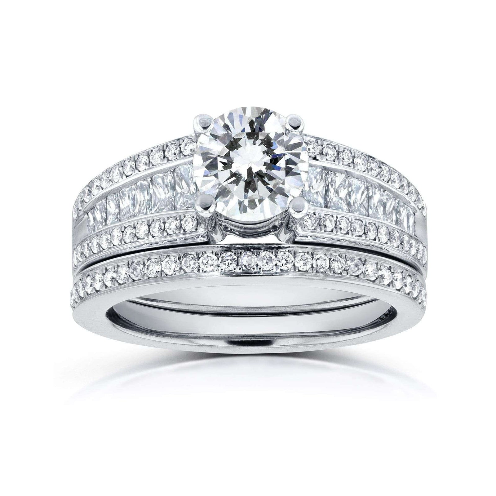 A wide white gold diamond engagement ring with a round-cut center diamond and a matching diamond band