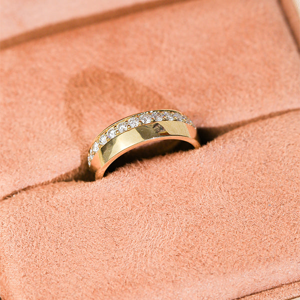 @KOBELLIJEWELRY on Instagram - featured post of the Nico Ring, a wide solid gold band with a row of gorgeous diamonds adorning the edge