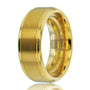 product image of yellow gold-plated wedding ring with a glossy sleeve - standing tilted slightly to the side with white background