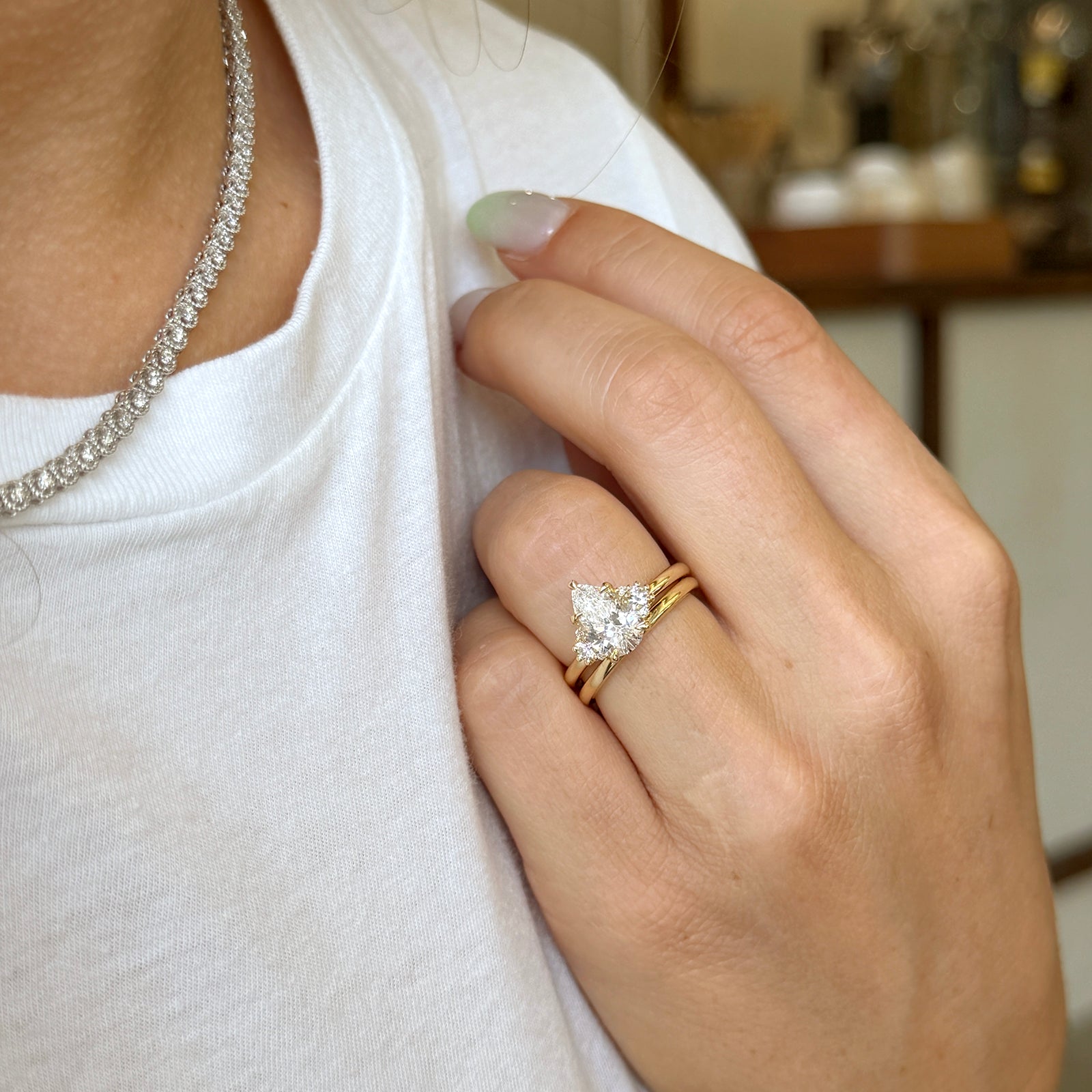 2.2 Carat Lab Grown Diamond Plain Bands Pear Dulce Bridal Set - on a hand
