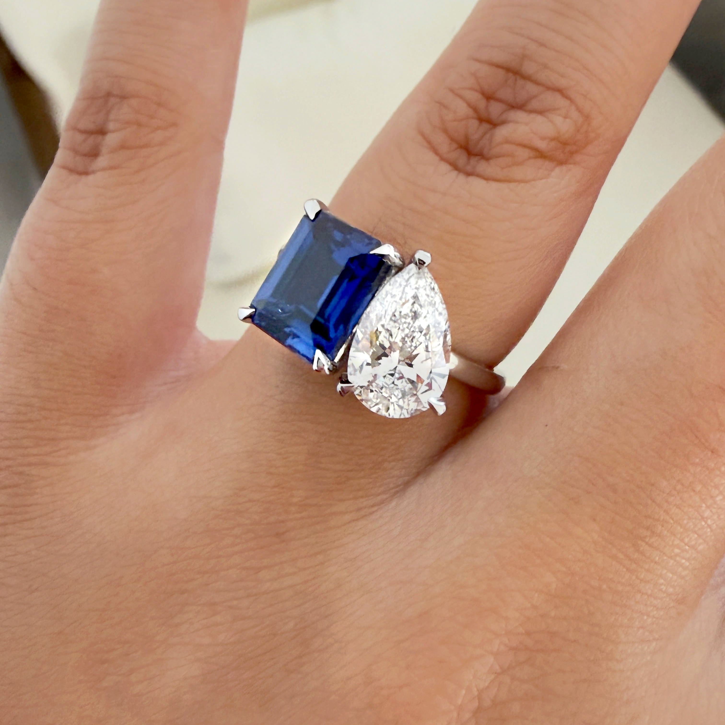 Lab Grown Diamond & Blue Sapphire Duchess Ring on a hand