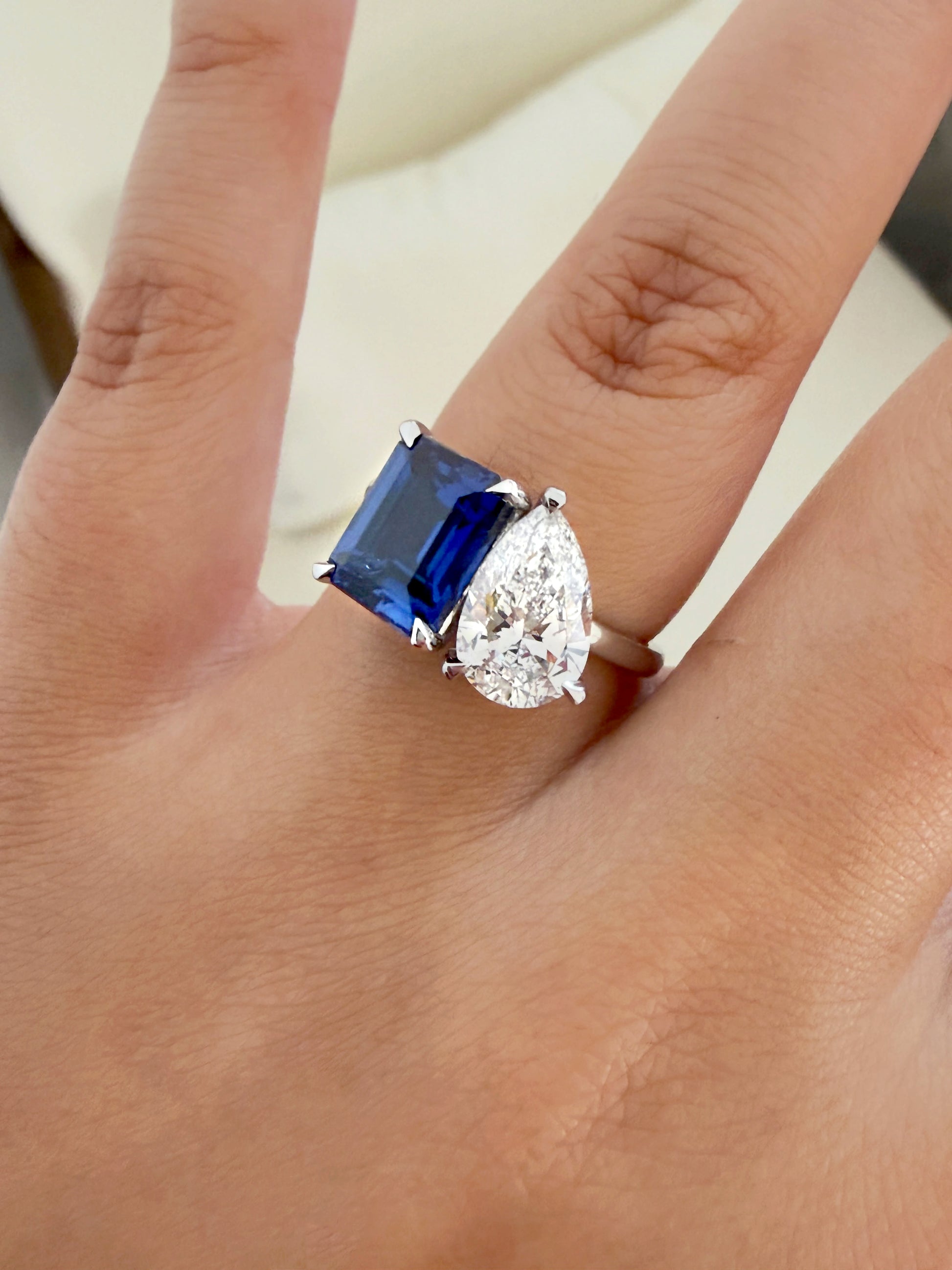 Lab Grown Diamond & Blue Sapphire Duchess Ring on a hand