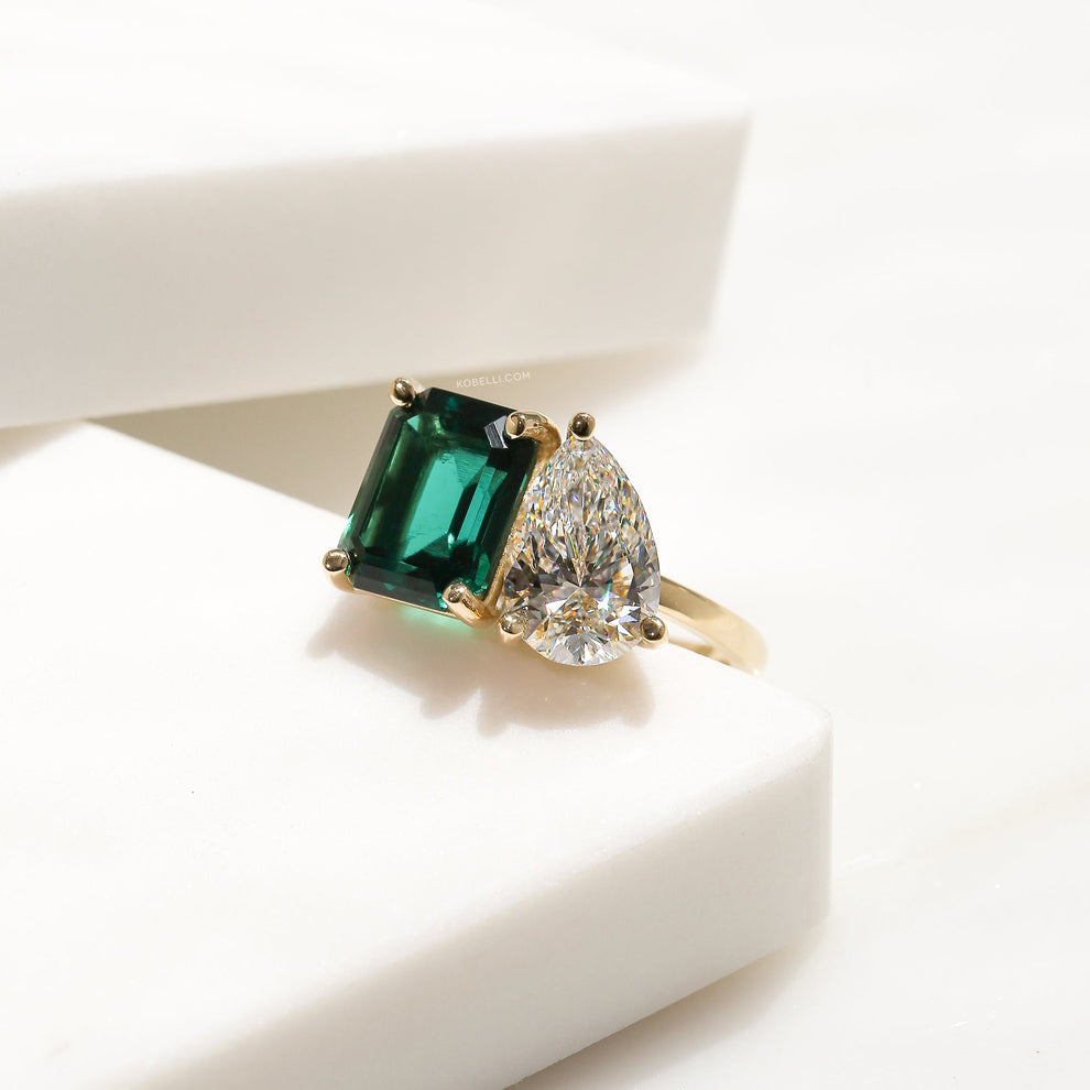 Deep Green Emerald and White Diamond 2-Stone Ring in 14k Gold – Kobelli