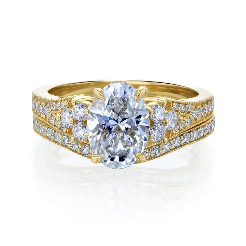 2.70 Carats Total Lab Grown Diamond Oval Center Side Cluster Bridal Set in Yellow Gold Option