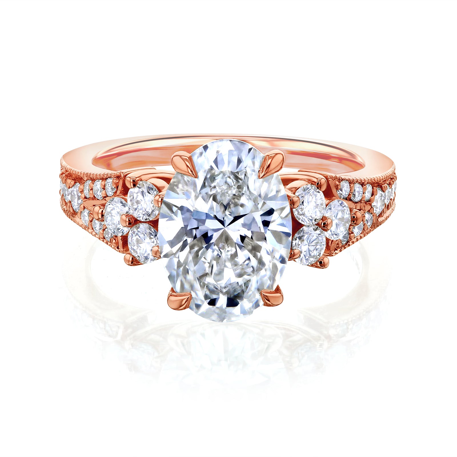 Kobelli 2.4 Carat Lab Grown Diamond Oval Side Cluster Vintage Style Interlaken Engagement Ring in rose gold metal