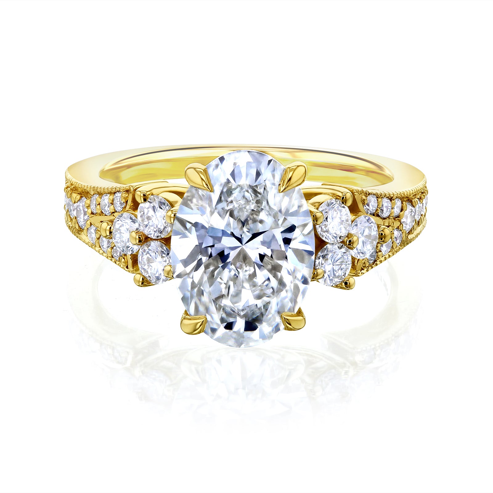 Kobelli 2.4 Carat Lab Grown Diamond Oval Side Cluster Vintage Style Interlaken Engagement Ring in yellow gold metal