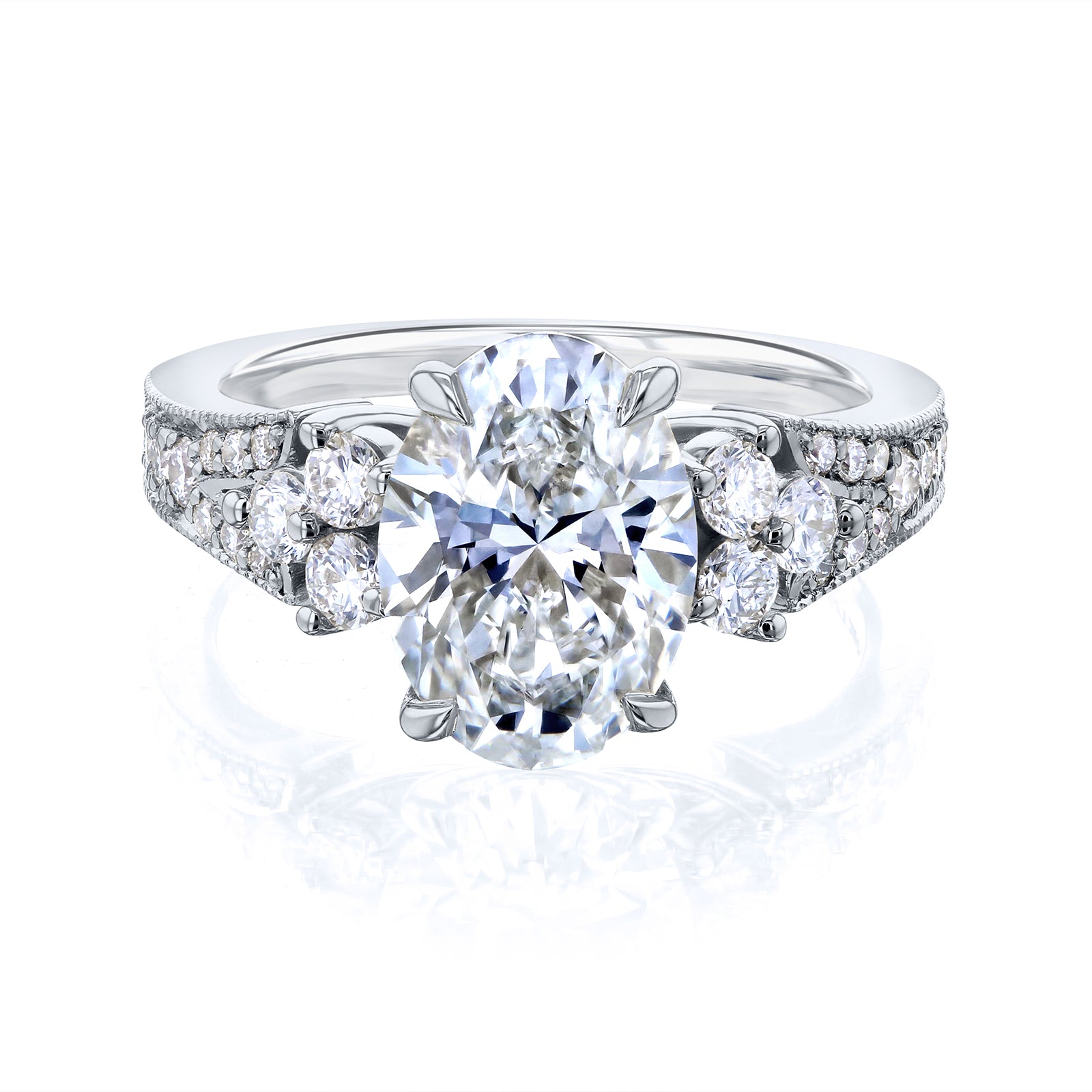 Kobelli 2.4 Carat Lab Grown Diamond Oval Side Cluster Vintage Style Interlaken Engagement Ring in white gold metal