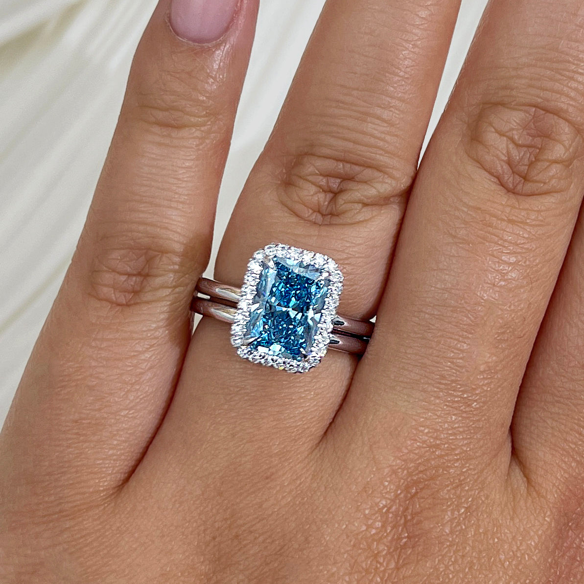 3 Carat Blue Diamond Aomori Bridal Set  - Size 7.5 White Gold on a hand