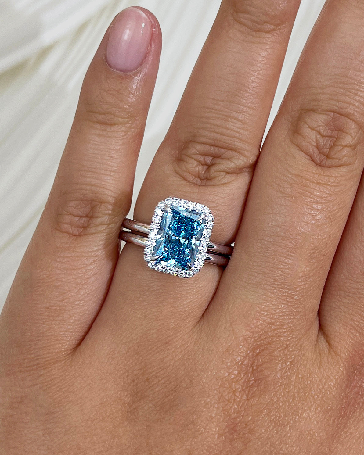 3 Carat Blue Diamond Aomori Bridal Set  - Size 7.5 White Gold on a hand