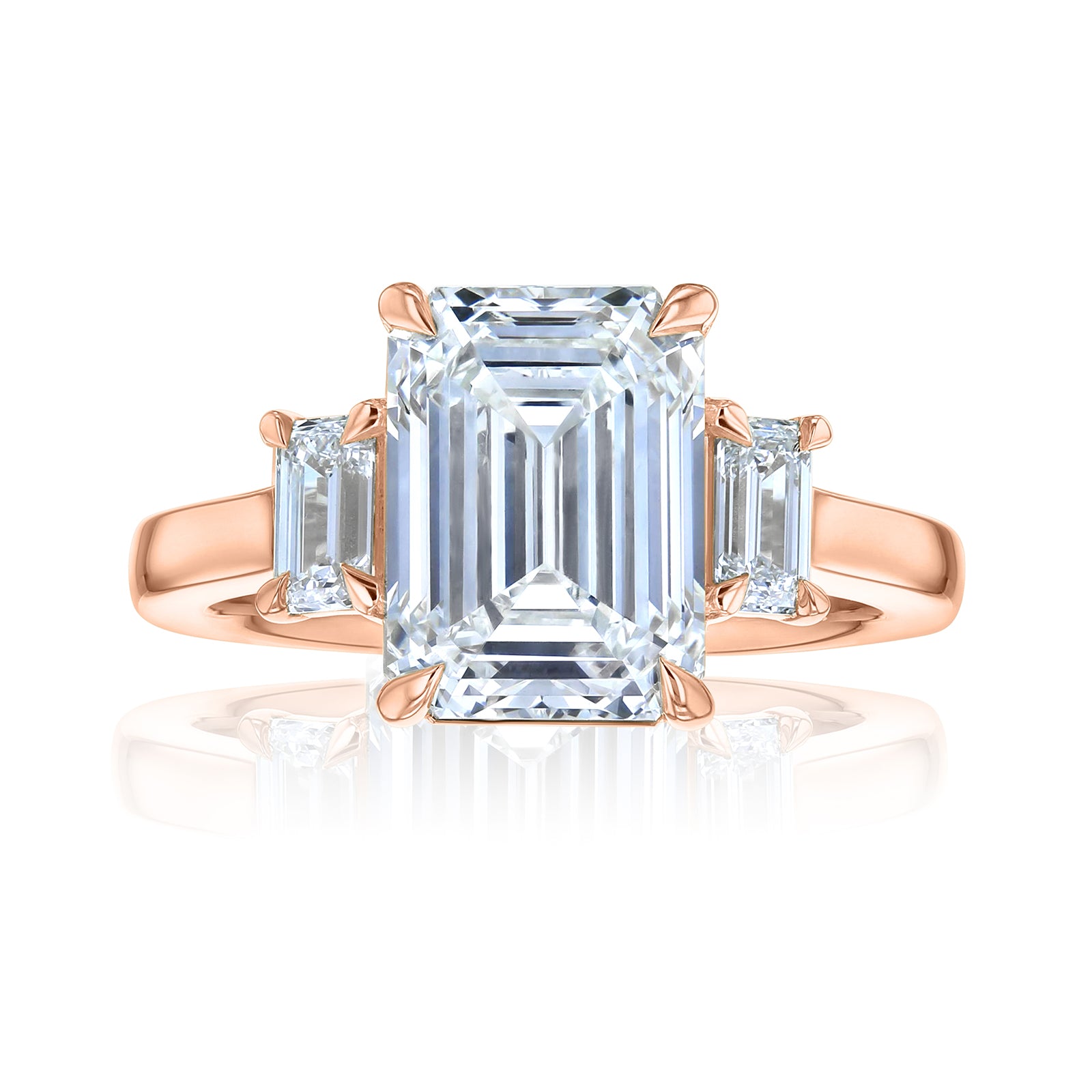 5.1 Carat Emerald Diamond Three Stone Ring in Rose Gold