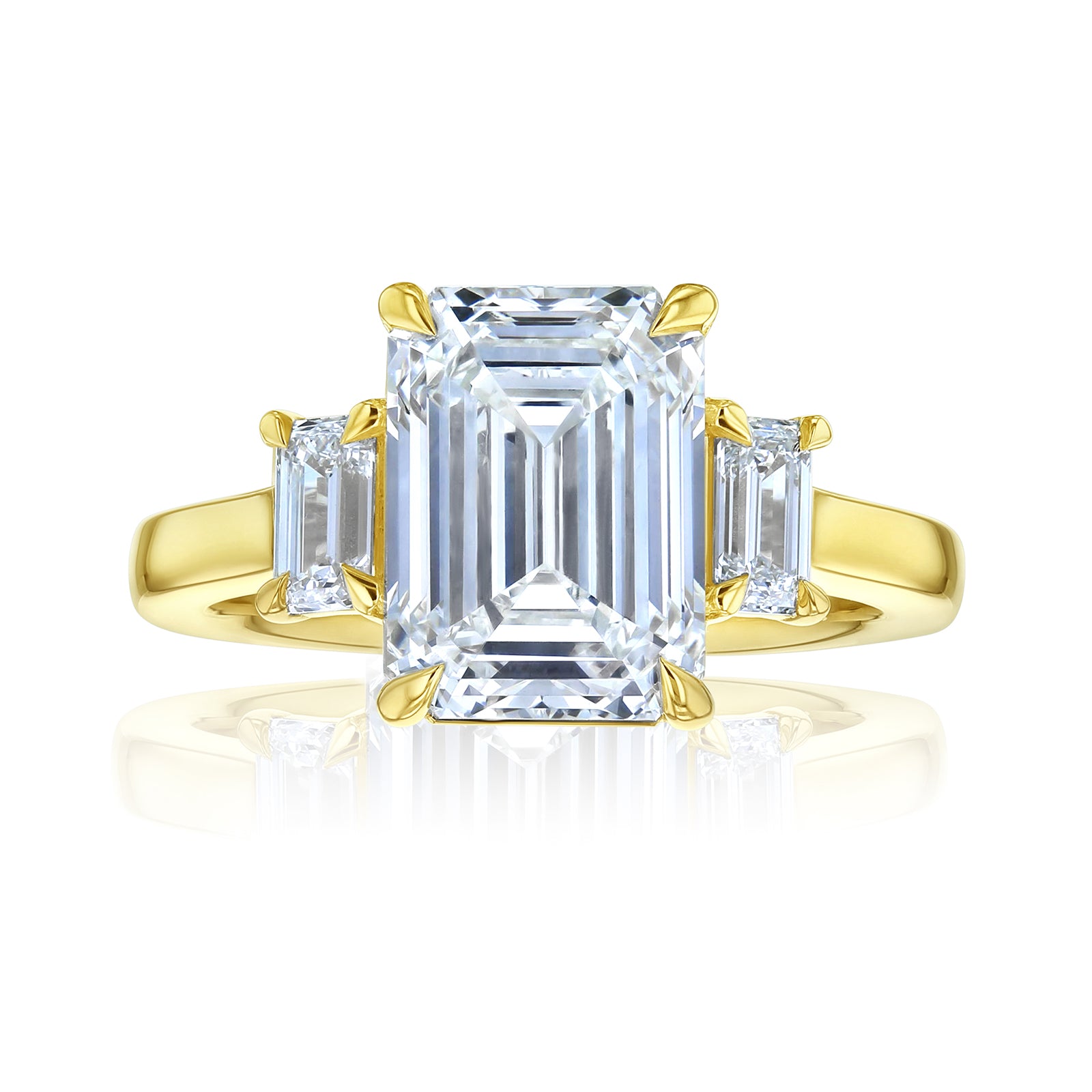 5.1 Carat Emerald Diamond Three Stone Ring in Yellow Gold