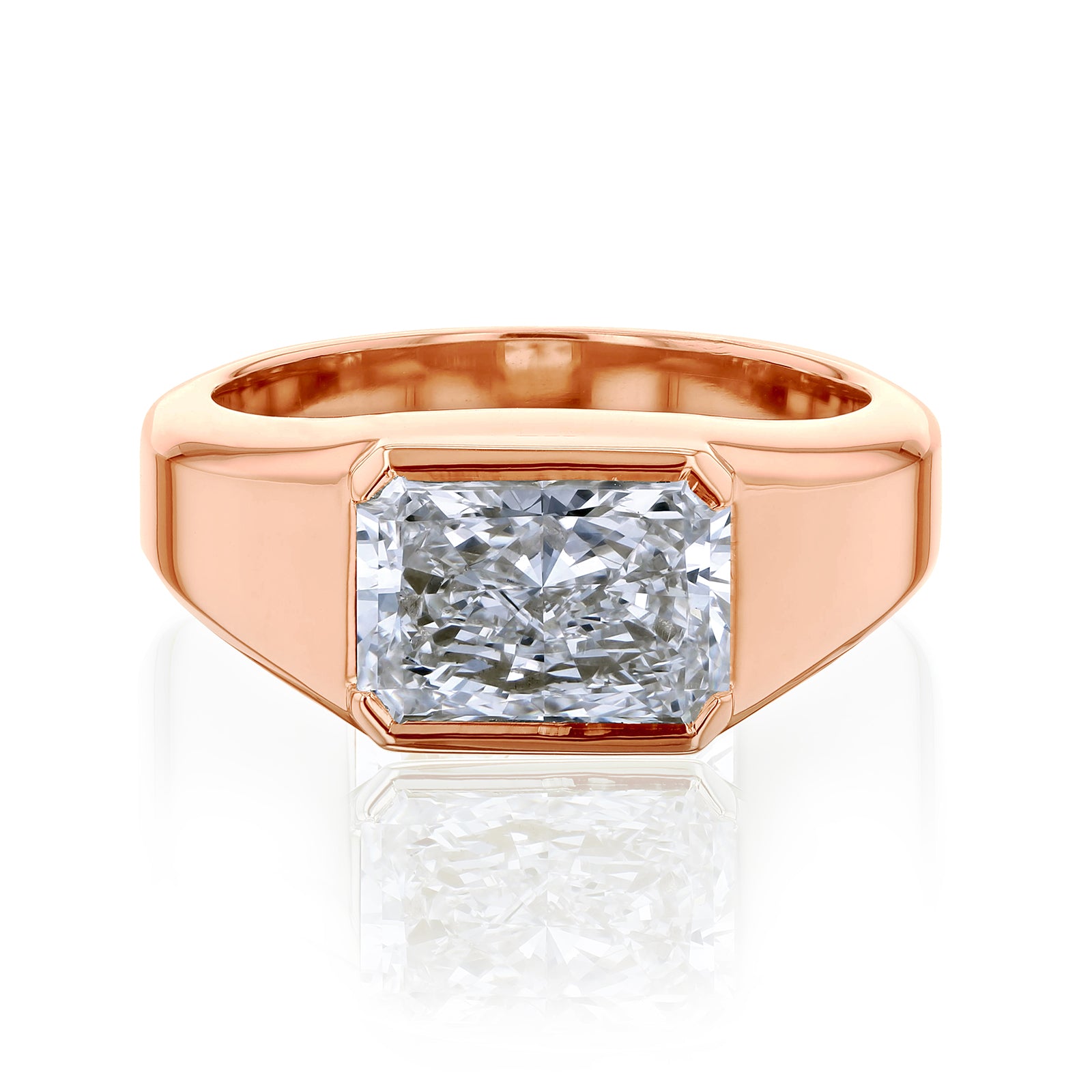 Wide bezel-set diamond ring with radiant cut diamond in rose gold
