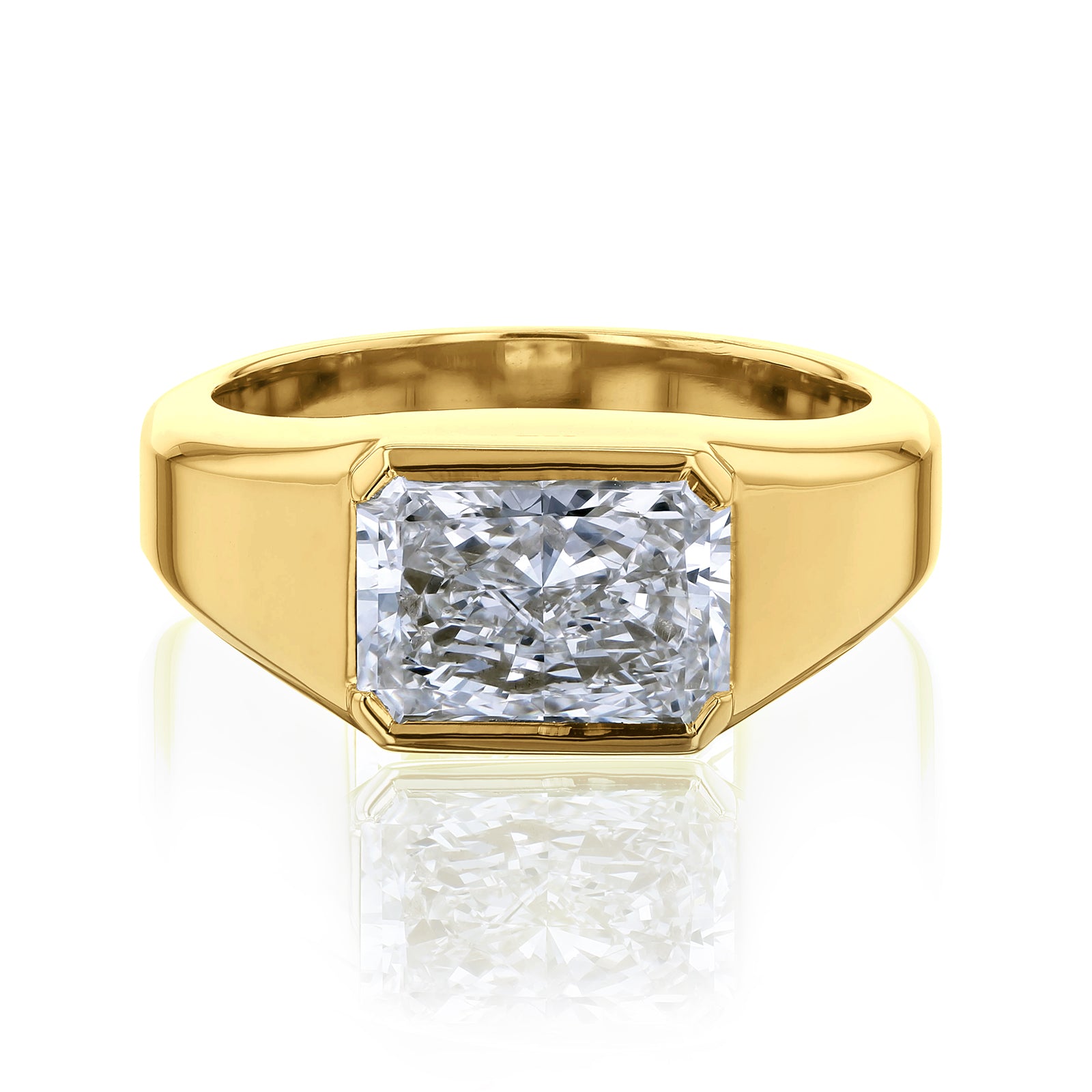 Wide bezel-set diamond ring with radiant cut diamond in yellow gold