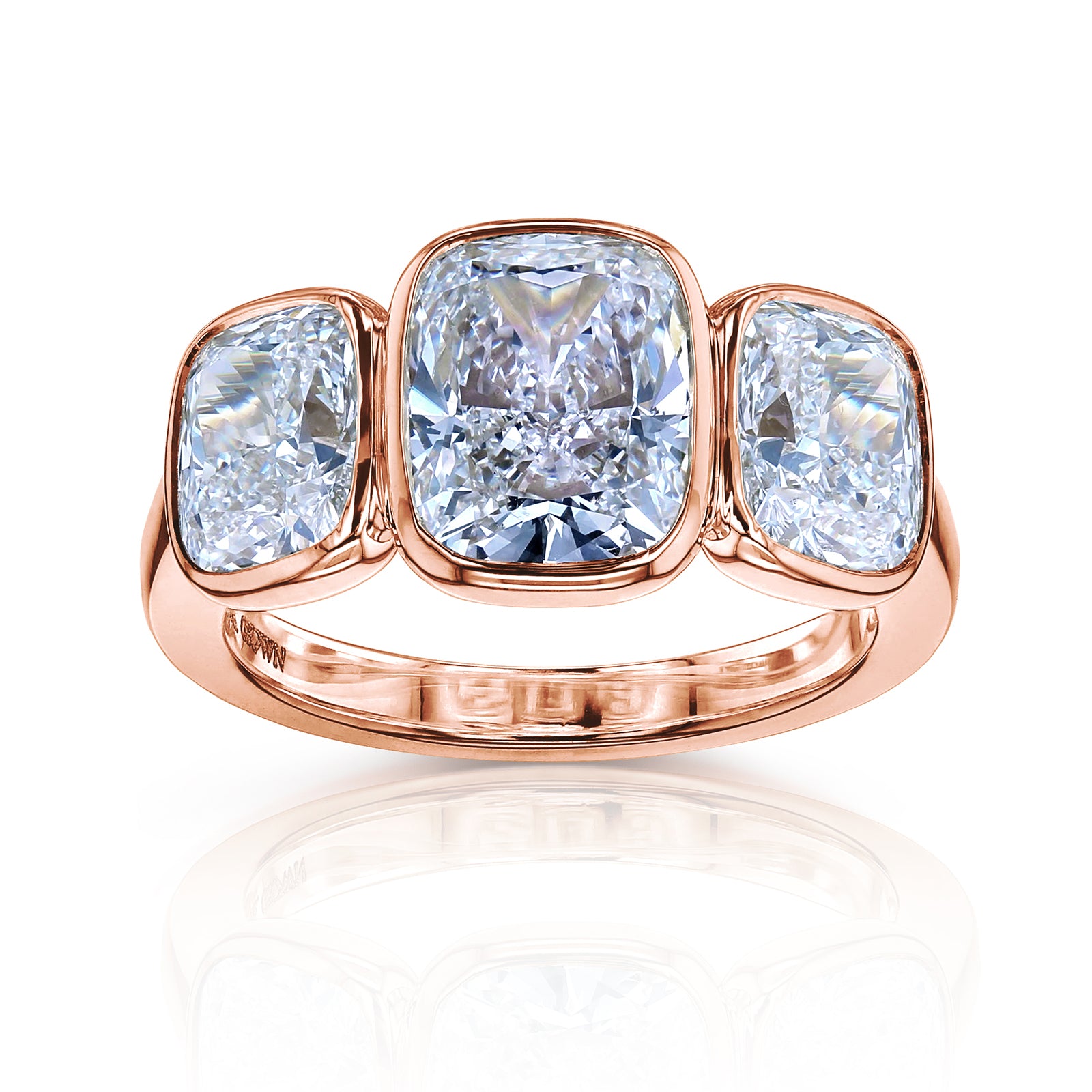 Croft ring in rose gold - 3-stone elongated cushion diamonds bezel-set engagement ring