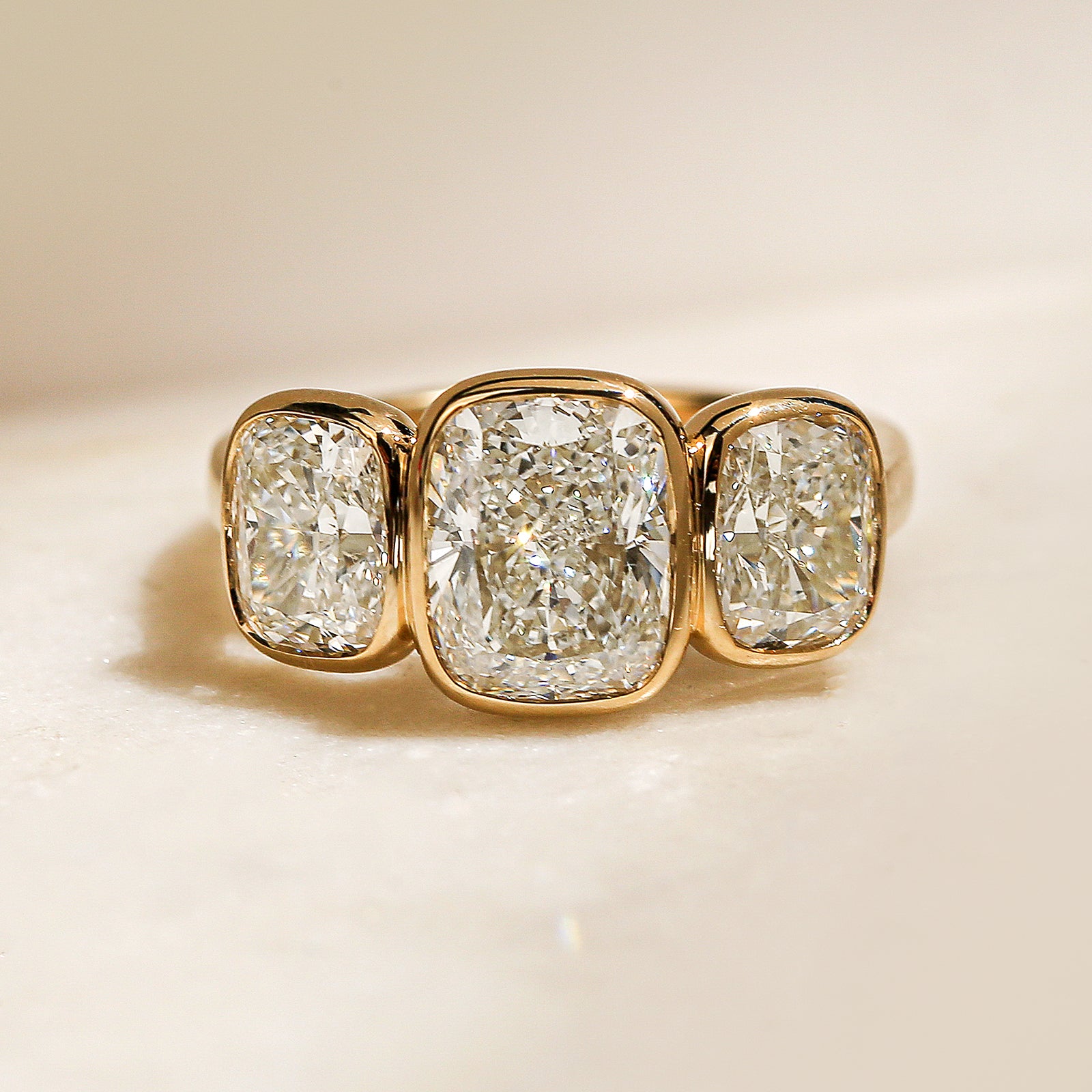 Kobelli Lab Grown Diamond Cushion Three Stone Bezel Engagement Ring