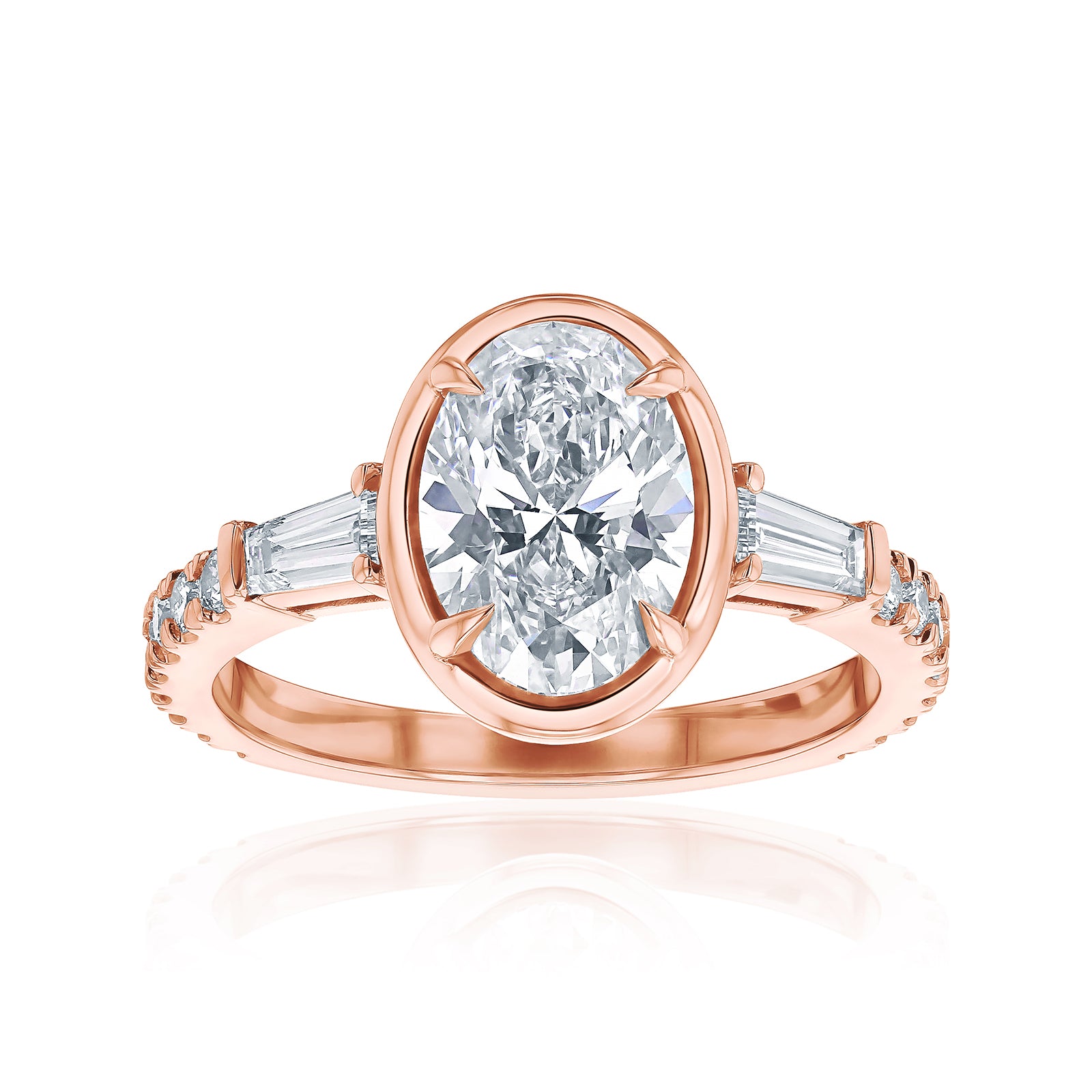 Kobelli Sona Ring - A collect-set oval diamond with tapered baguette side diamonds forming to a classic three-stone design along with a half eternity of round diamonds along the band - rose gold option lifted front view