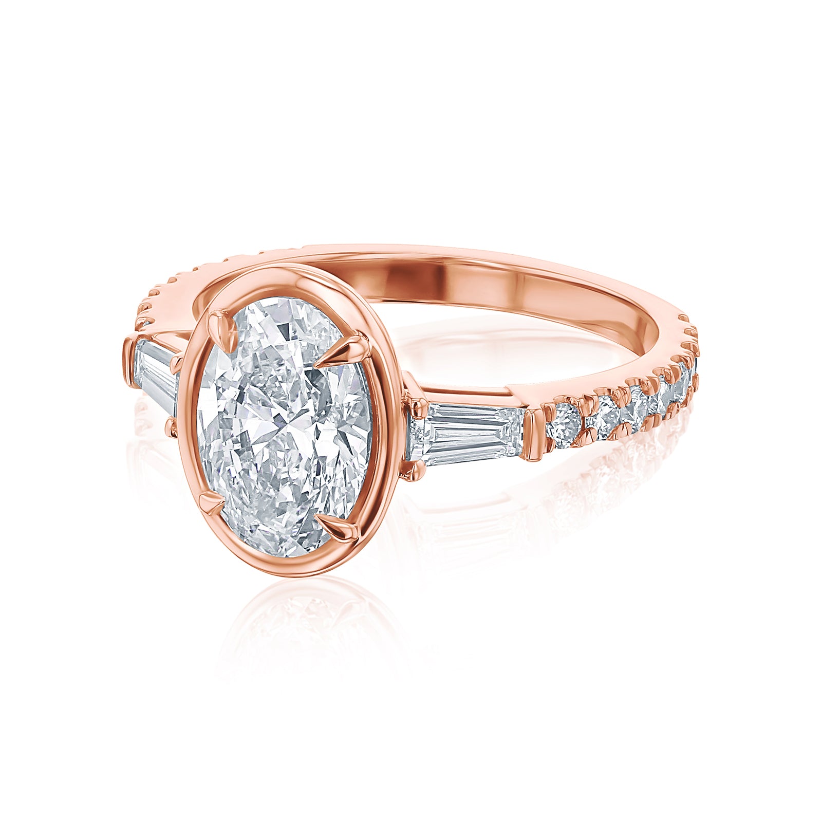 Kobelli Sona Ring - A collect-set oval diamond with tapered baguette side diamonds forming to a classic three-stone design along with a half eternity of round diamonds along the band - rose gold option side view