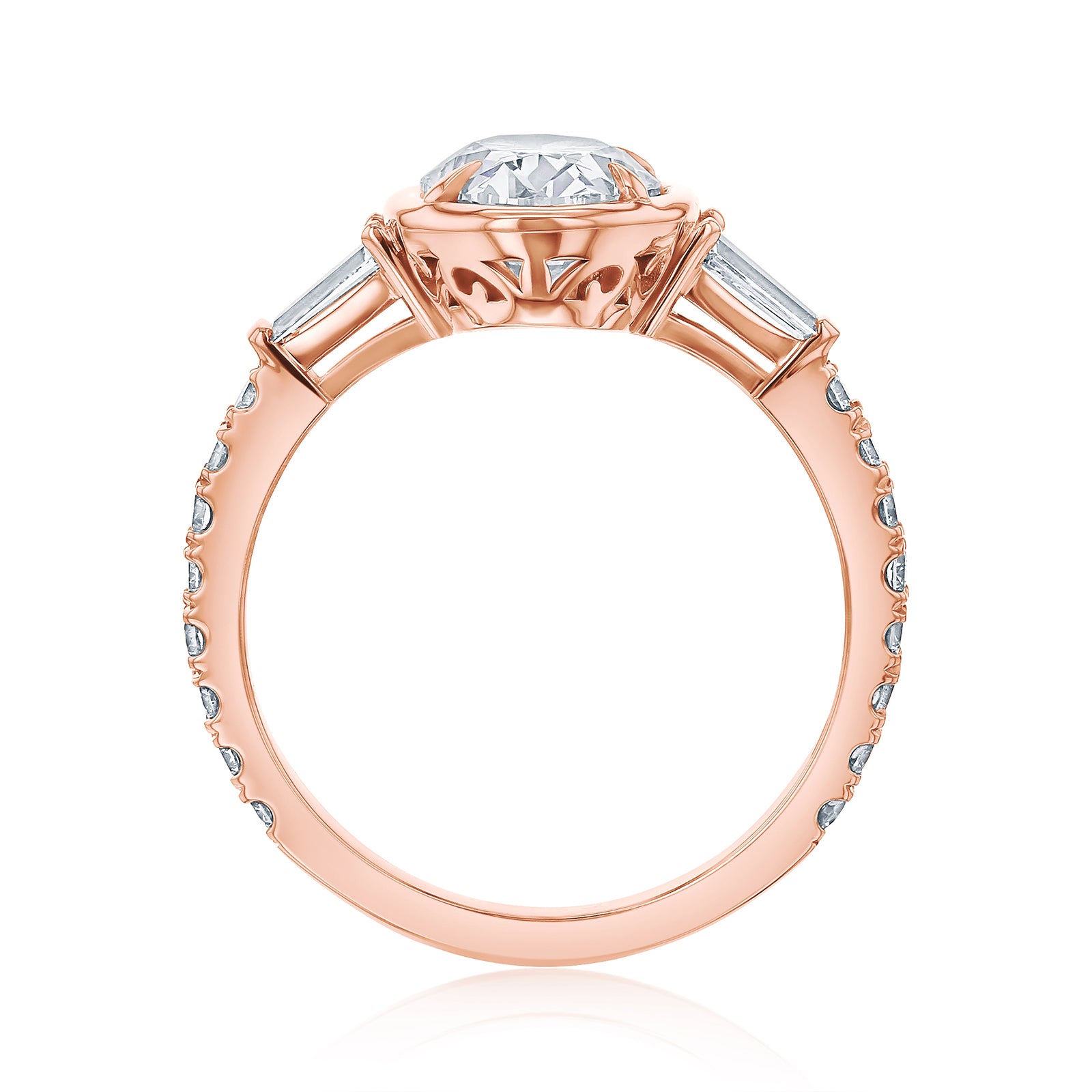 Kobelli Sona Ring - A collect-set oval diamond with tapered baguette side diamonds forming to a classic three-stone design along with a half eternity of round diamonds along the band - rose gold option standing profile view