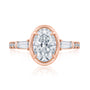 Kobelli Sona Ring - A collect-set oval diamond with tapered baguette side diamonds forming to a classic three-stone design along with a half eternity of round diamonds along the band - rose gold option top view