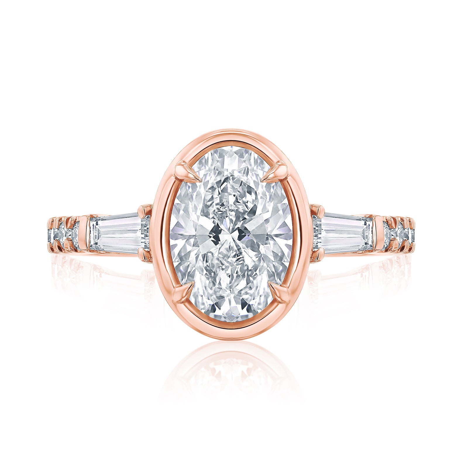 Kobelli Sona Ring - A collect-set oval diamond with tapered baguette side diamonds forming to a classic three-stone design along with a half eternity of round diamonds along the band - rose gold option top view