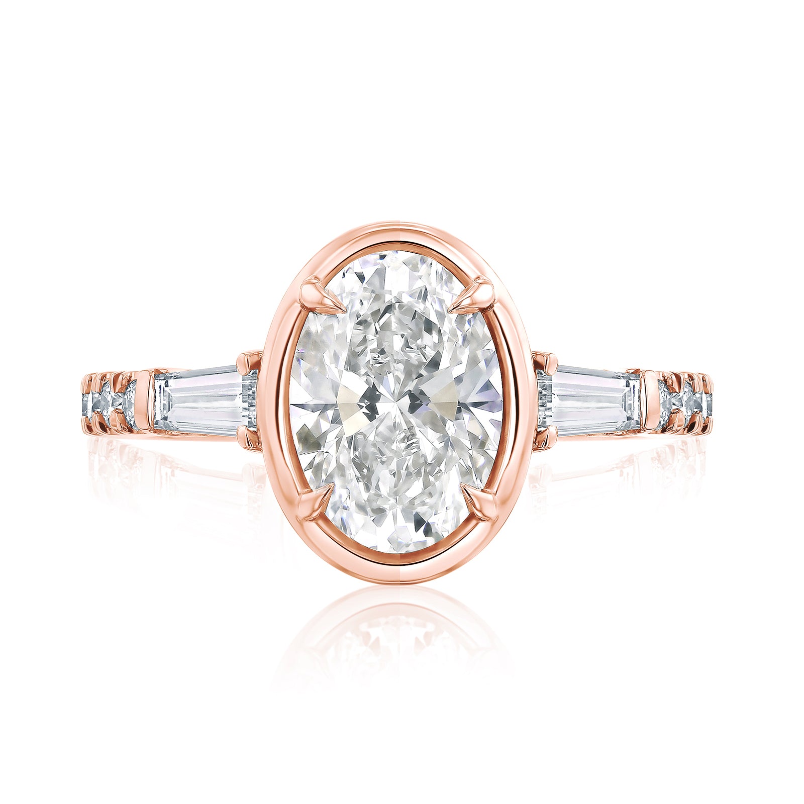 Kobelli Sona Ring - A collect-set oval diamond with tapered baguette side diamonds forming to a classic three-stone design along with a half eternity of round diamonds along the band - rose gold option top view
