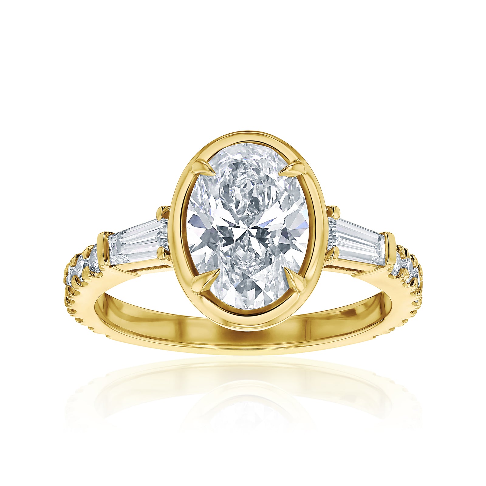 Kobelli Sona Ring - A collect-set oval diamond with tapered baguette side diamonds forming to a classic three-stone design along with a half eternity of round diamonds along the band - yellow gold option lifted front view