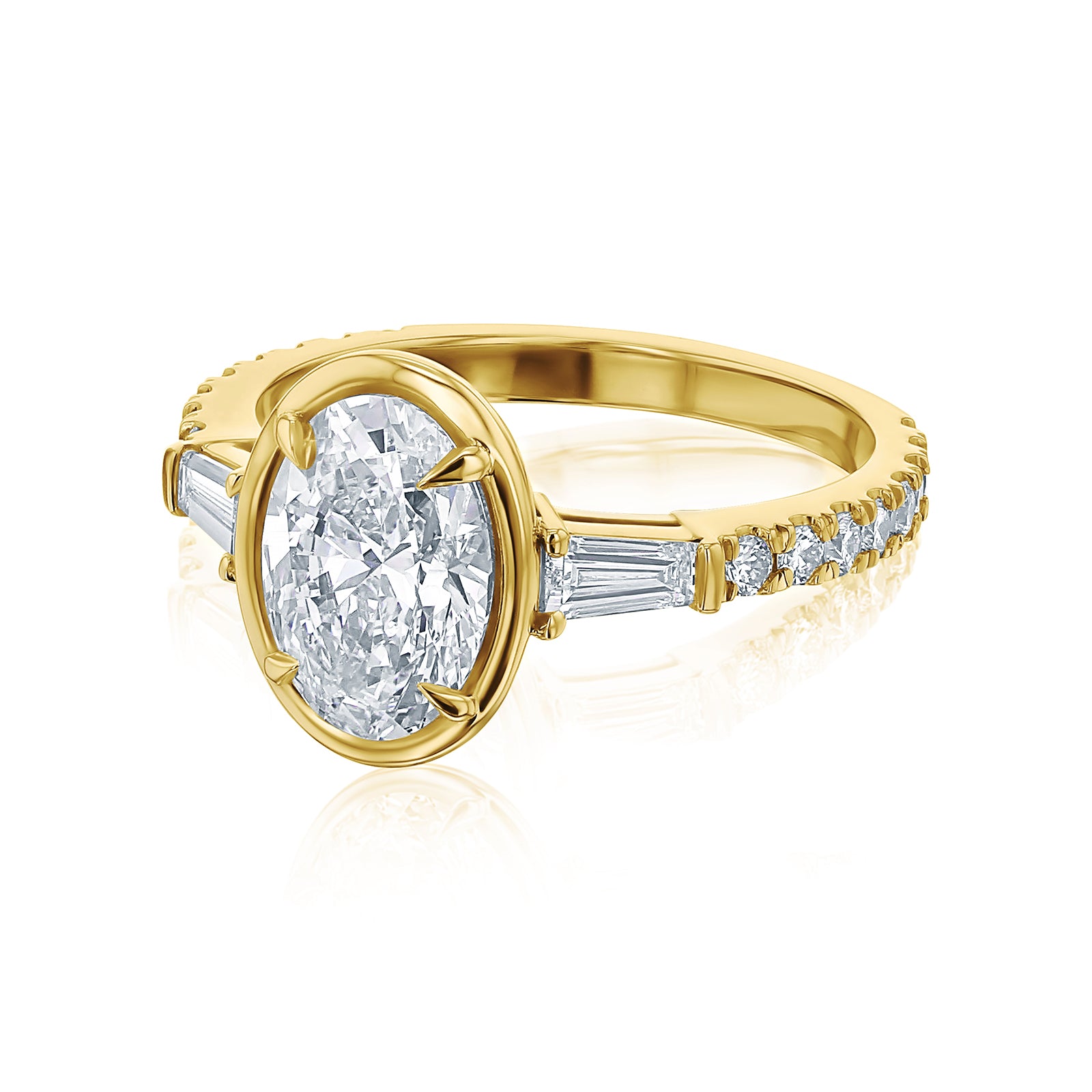 Kobelli Sona Ring - A collect-set oval diamond with tapered baguette side diamonds forming to a classic three-stone design along with a half eternity of round diamonds along the band - yellow gold option side view