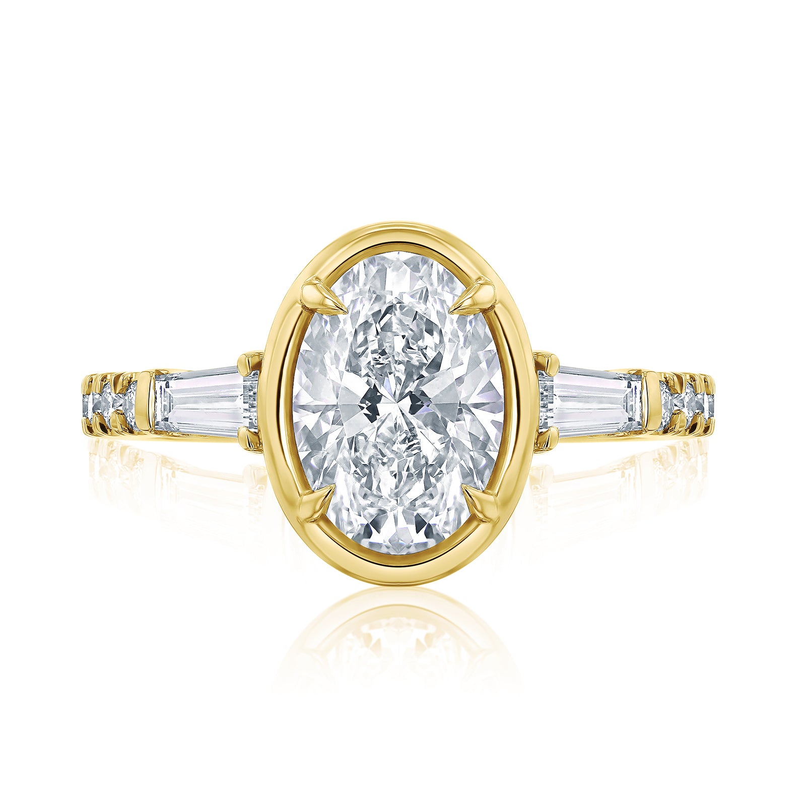 Kobelli Sona Ring - A collect-set oval diamond with tapered baguette side diamonds forming to a classic three-stone design along with a half eternity of round diamonds along the band - yellow gold option top view